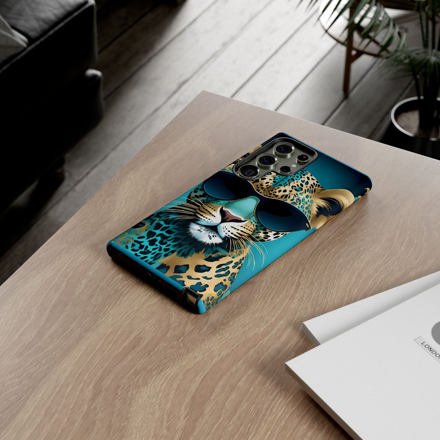 Phone Case - Aqua & Gold Leopard In Sunglasses Design