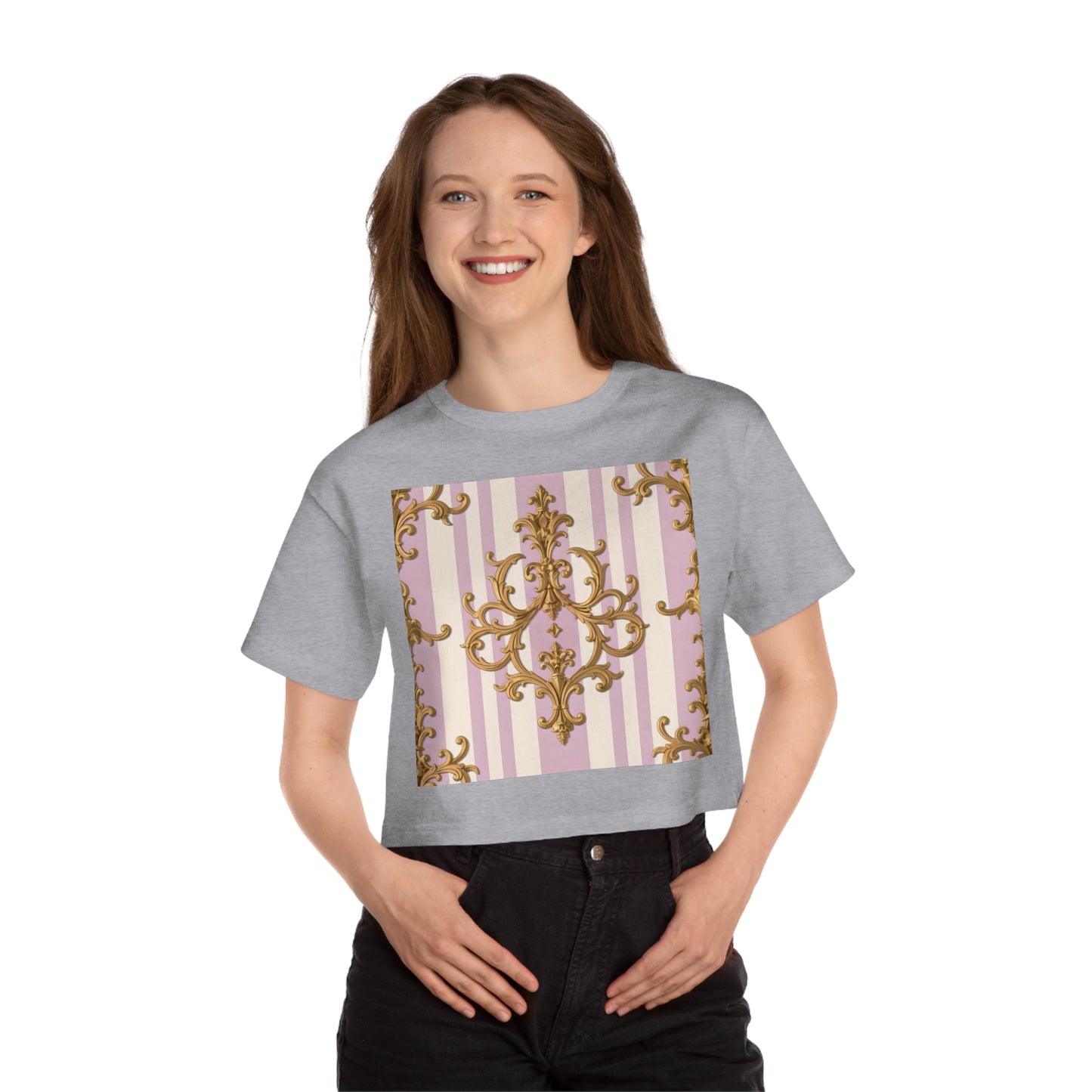 Chic Heritage Cropped T-Shirt | Stylish Graphic Tee, Vintage-Inspired, Casual Top, Summer Fashion, Gift for Her - Lilac & Alabaster Striped Gold Baroque