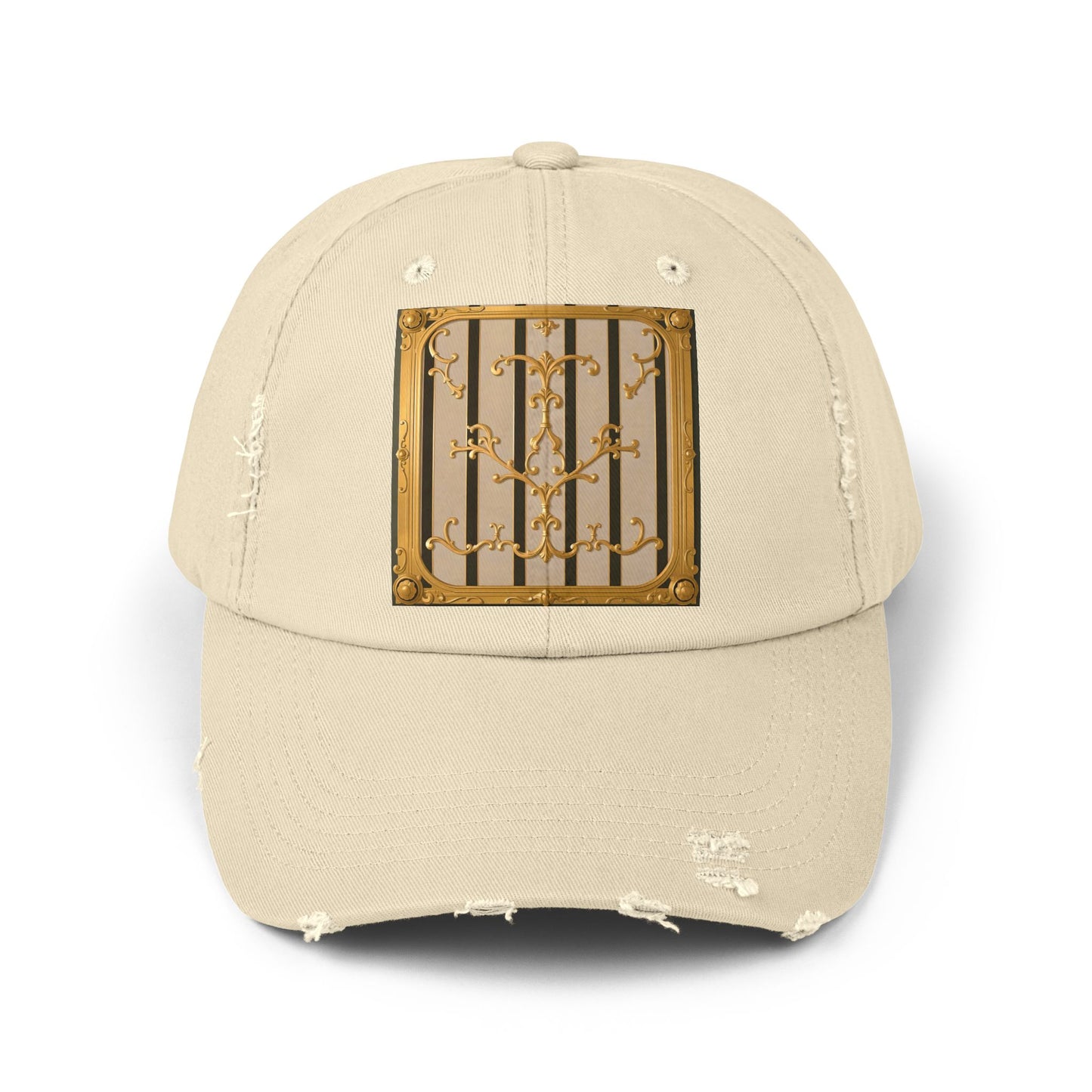 Unisex Distressed Cap - Beige Striped Gold Rococo