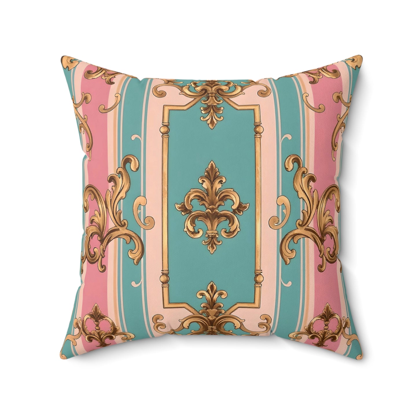 Elegant Faux Suede Square Pillow in Pastel Colors, Decorative Throw Pillow - Pink & Matte Turquoise Striped Rococo