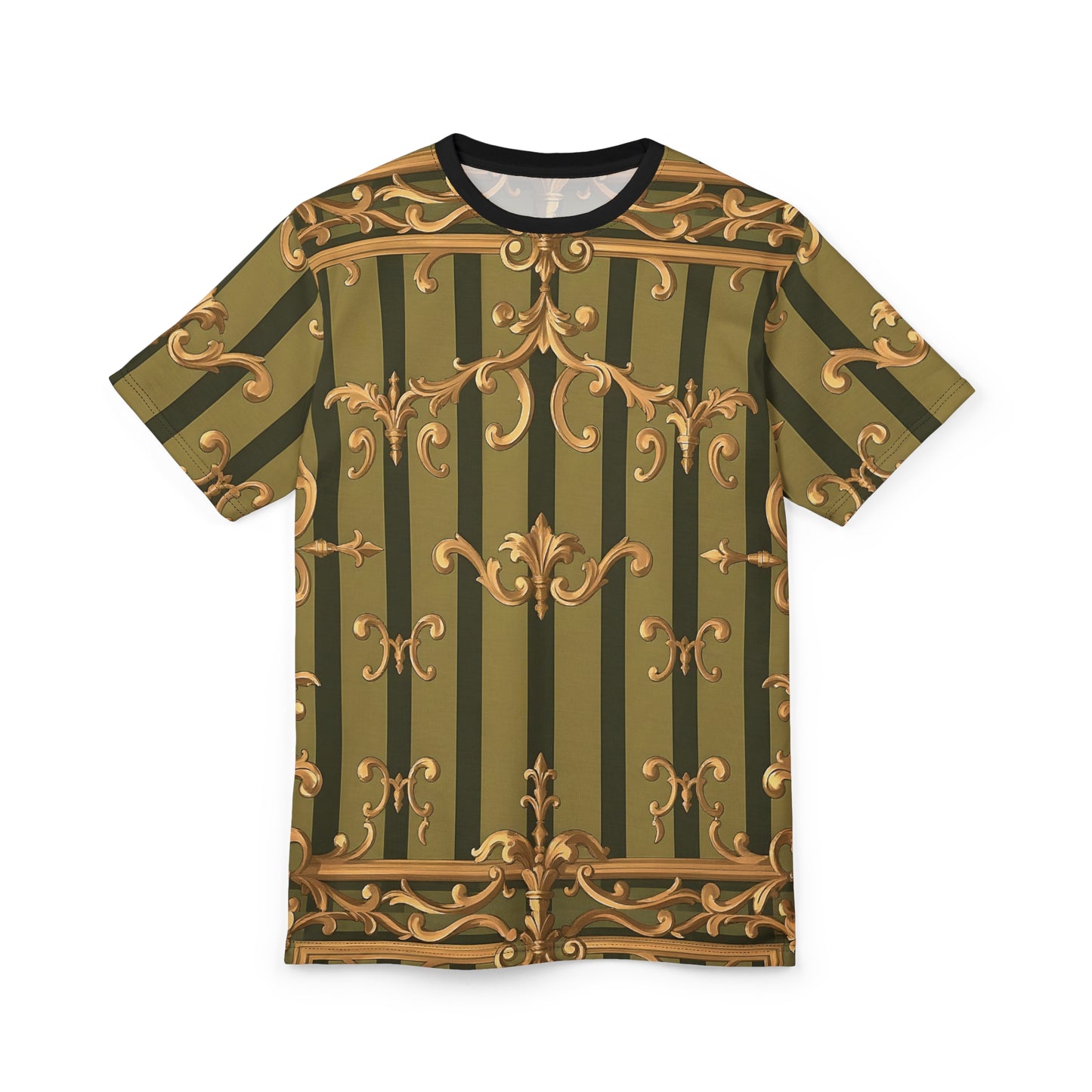 Elegant Vintage Print Unisex Tee, Retro Style T-Shirt, Fashionable Gift, Fashion Top, Unique Casual Wear - Olive Green Striped Rococo