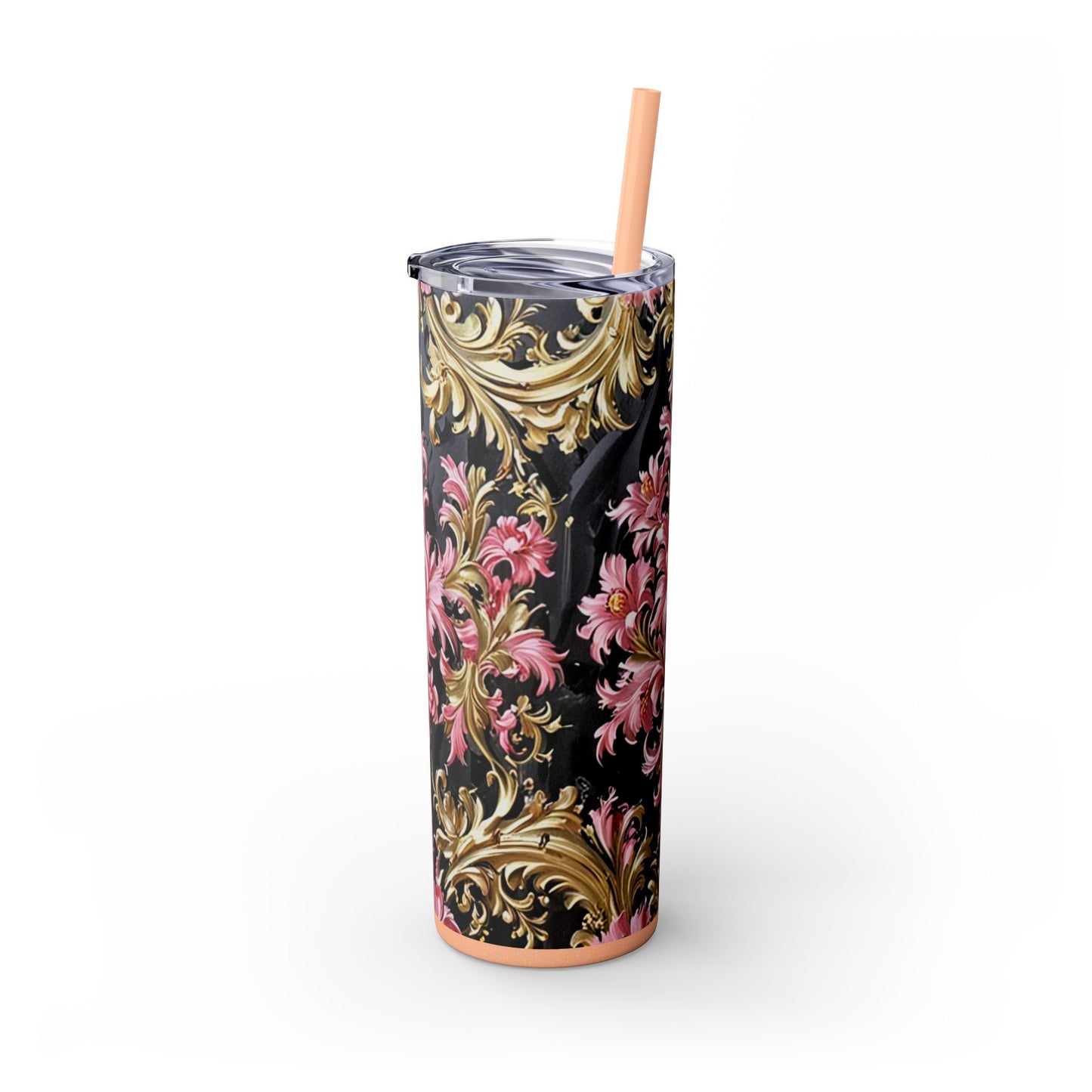 Chic Floral Skinny Tumbler with Straw, 20oz - Elegant Drinkware for Tea Lovers, Travel Mugs, Gifts for Her - Black & Pink Oil Painting Style Rococo