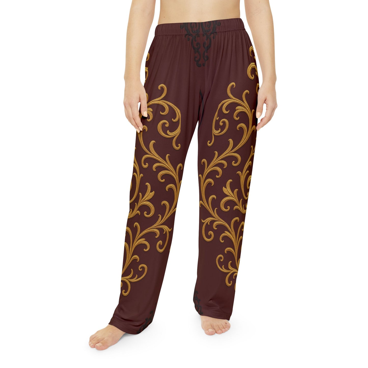 Dusk Burgundy-Black & Gold Baroque Women's Pajama Pants with Gold Baroque Scroll Print