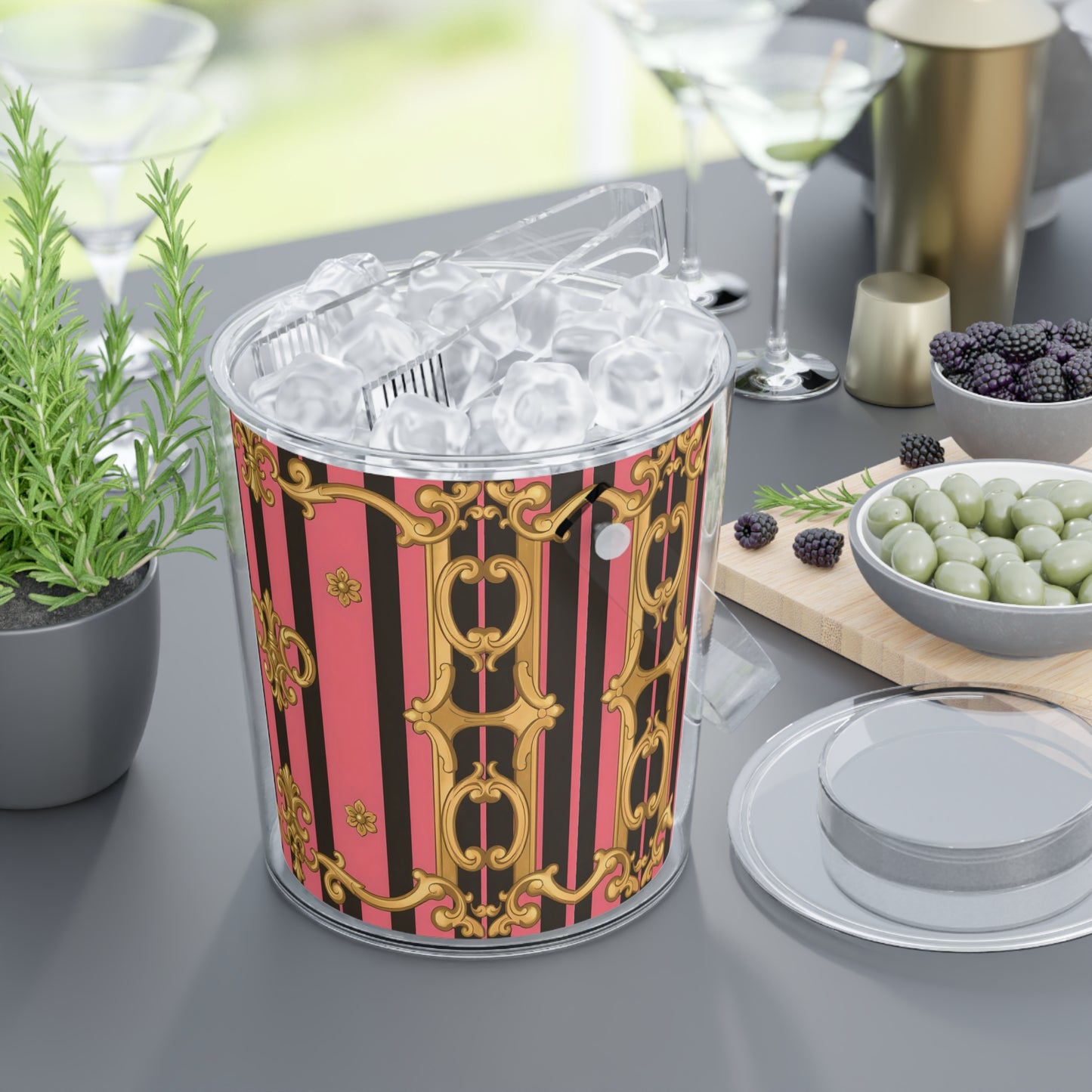 Elegant Vintage Ice Bucket with Tongs, Perfect for Parties, Events, Barware Gift - Pink & Black Striped Gold Baroque