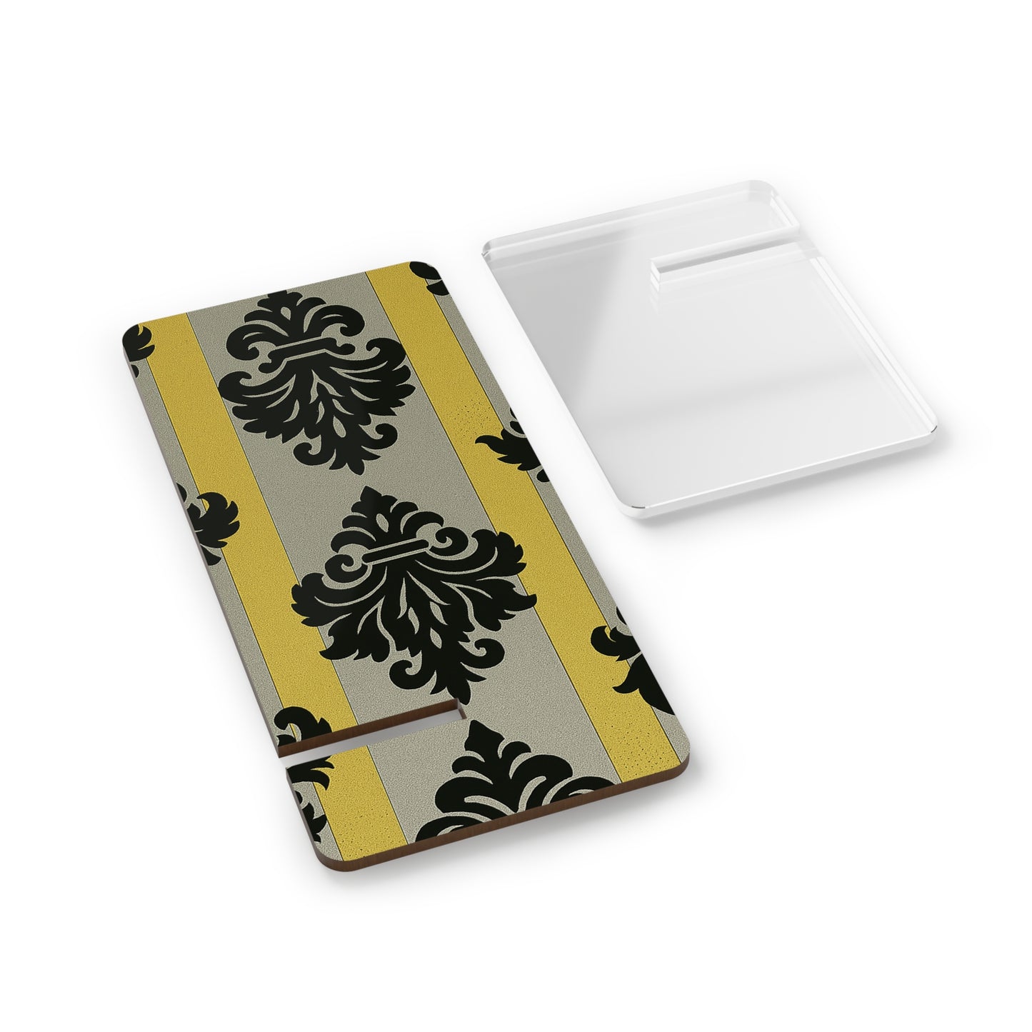 Elegant Mobile Display Stand – Stylish Smartphone Holder, Desk Organizer, Gift for Tech Lovers, Home Decor - Silver & Gold Striped Black Baroque