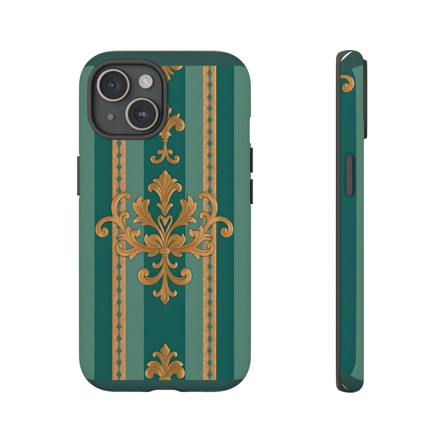 Elegant Floral Motif Phone Case - Tough Cases with Vintage Design - Teal Striped Gold Damask