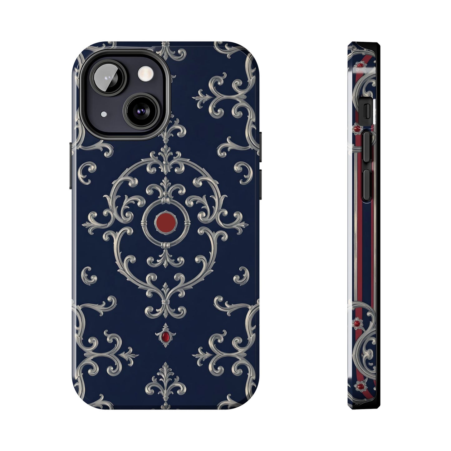 Elegant Patterned Tough Phone Cases for Stylish Protection, Gift for Her, Unique Accessories - Blue & Red Striped Silver Baroque