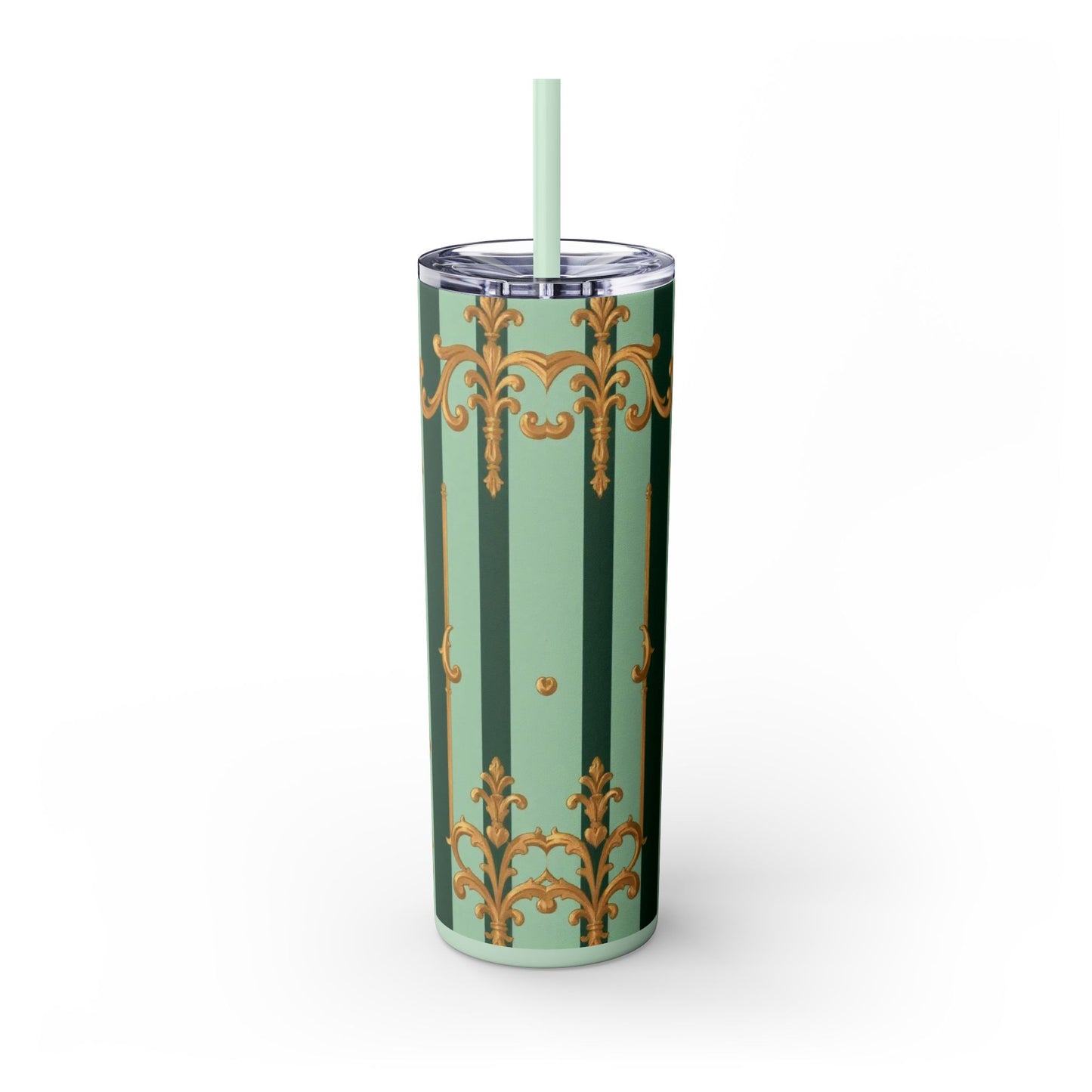 Elegant Floral Skinny Tumbler with Straw, 20oz – Stylish Travel Mug, Eco-Friendly Reusable Cup - Mint Green & Teal Striped Gold Baroque