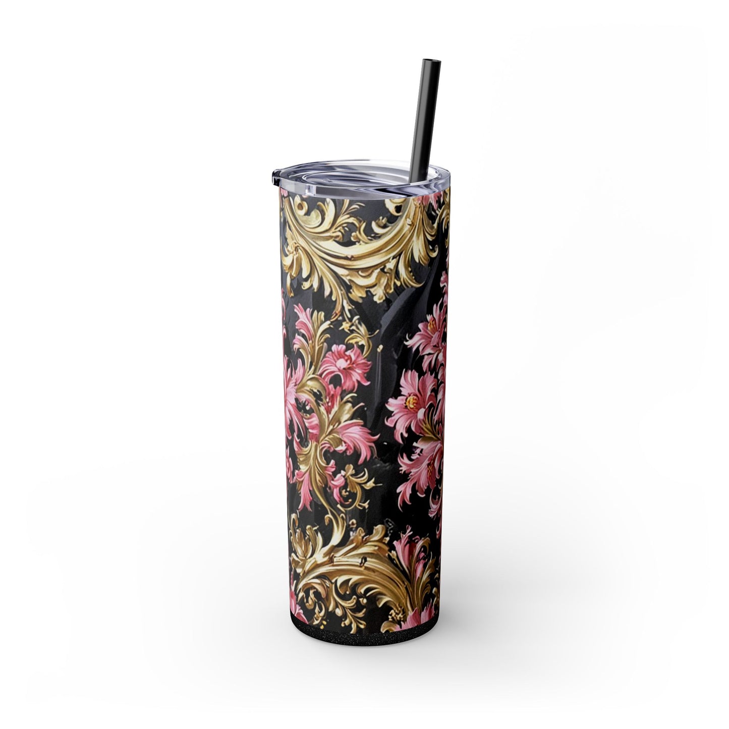 Chic Floral Skinny Tumbler with Straw, 20oz - Elegant Drinkware for Tea Lovers, Travel Mugs, Gifts for Her - Black & Pink Oil Painting Style Rococo