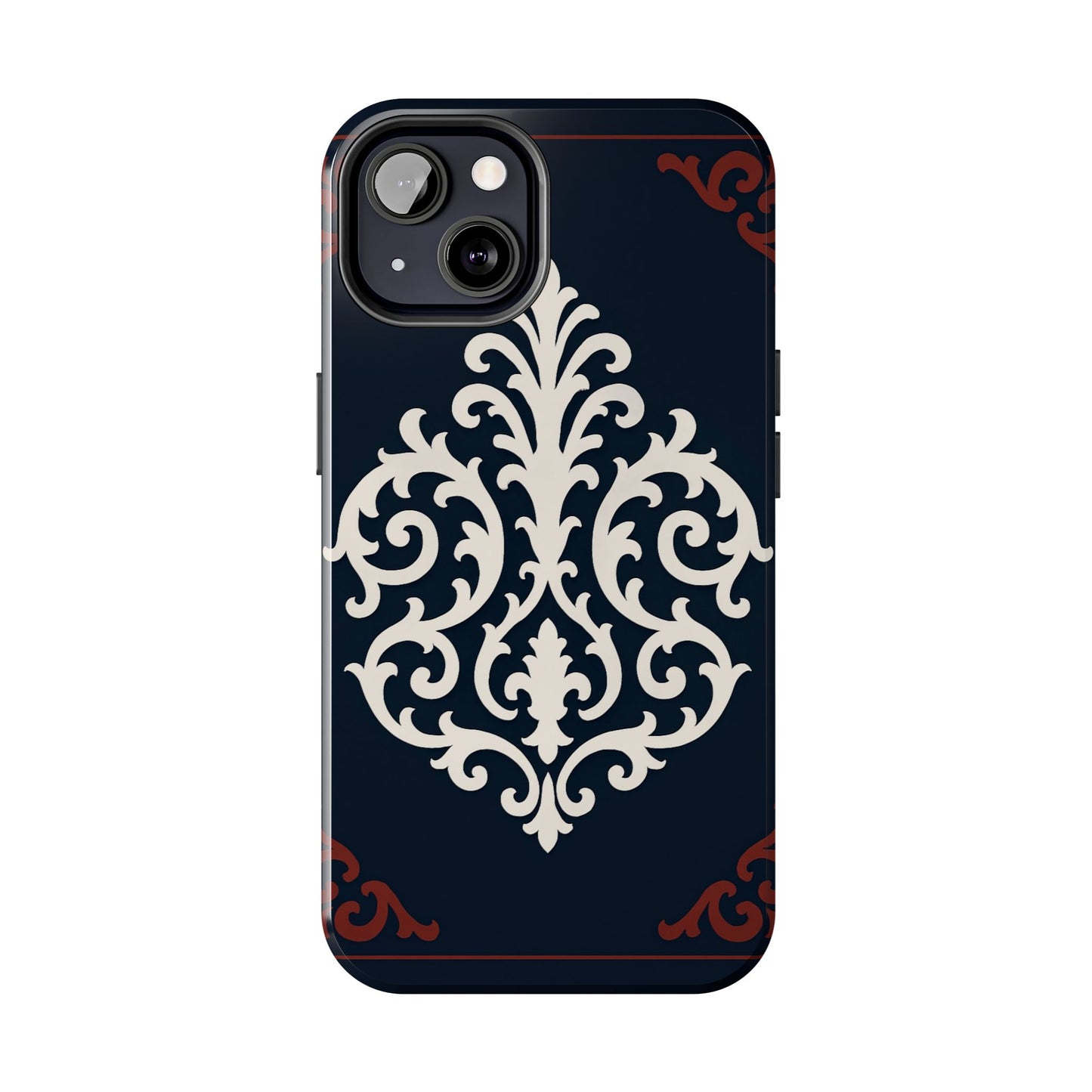 Dusk Blue-Maroon & White Baroque Tough Phone Case — Vintage Scroll Design