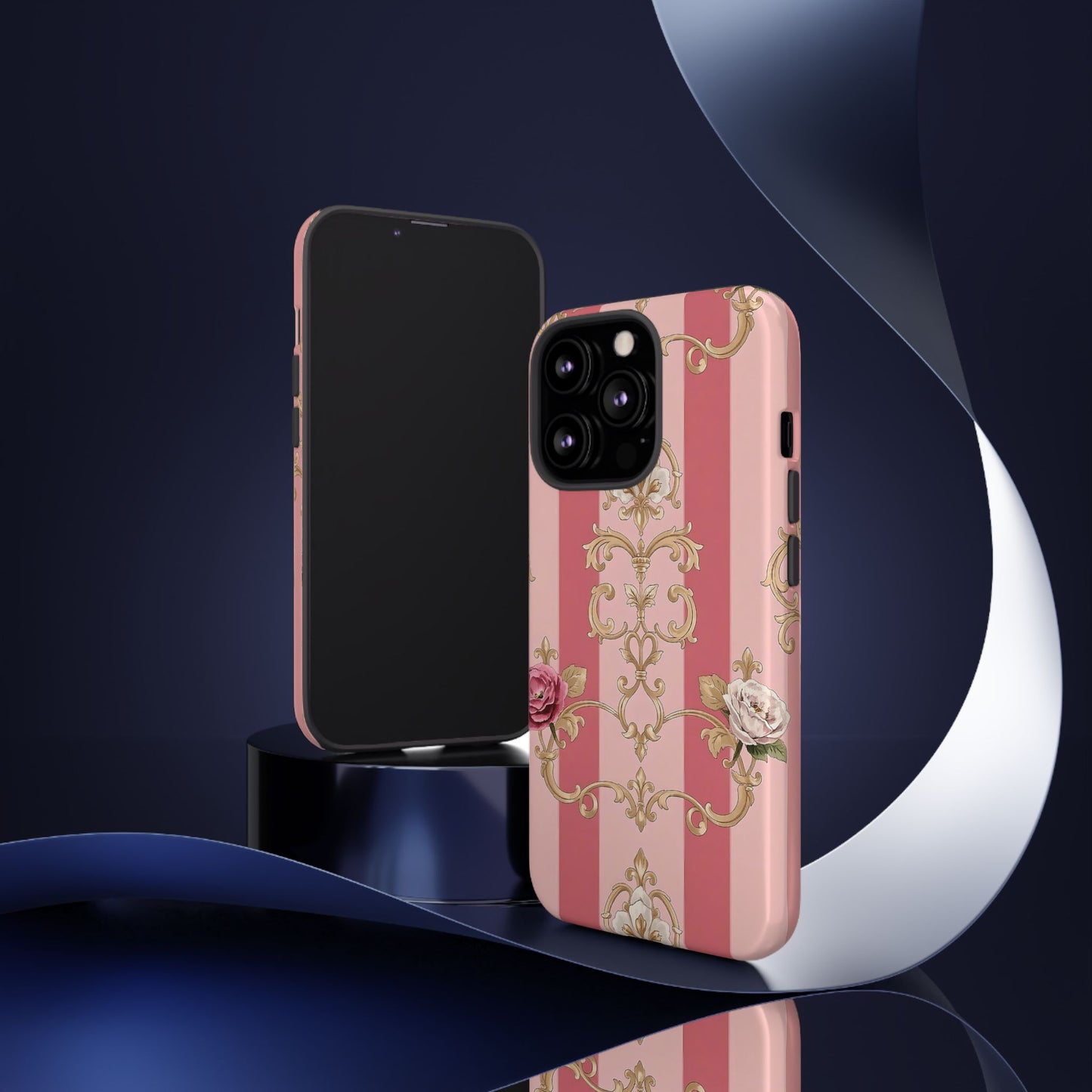 Elegant Floral Motif Phone Case - Tough Cases with Vintage Design - Pink Striped Roses & Damask