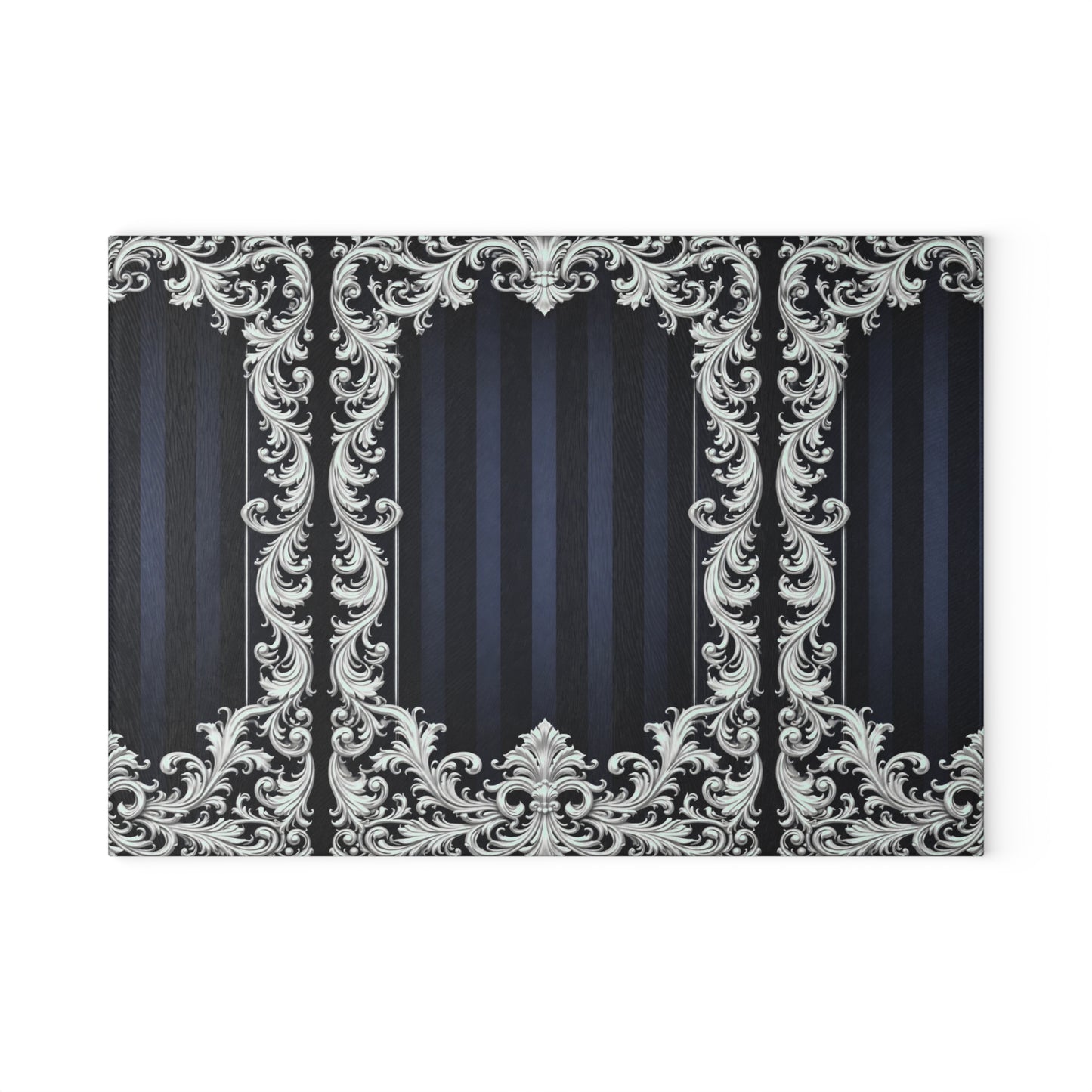 Navy Stripes & Baroque Glass Cutting Board — Elegant Vintage Baroque Scroll Design (Blue or Silver)