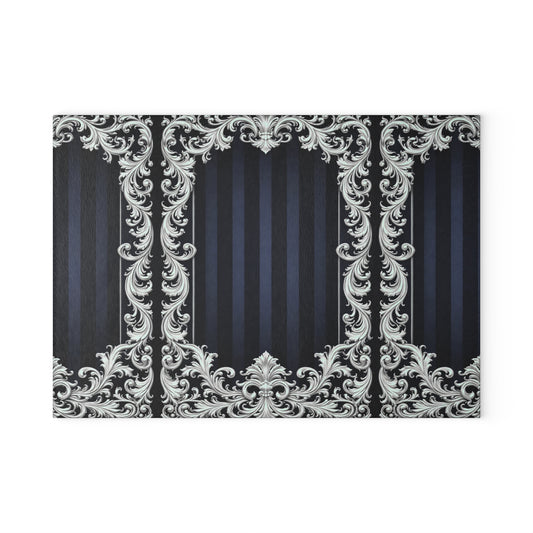 Navy Stripes & Baroque Glass Cutting Board — Elegant Vintage Baroque Scroll Design (Blue or Silver)