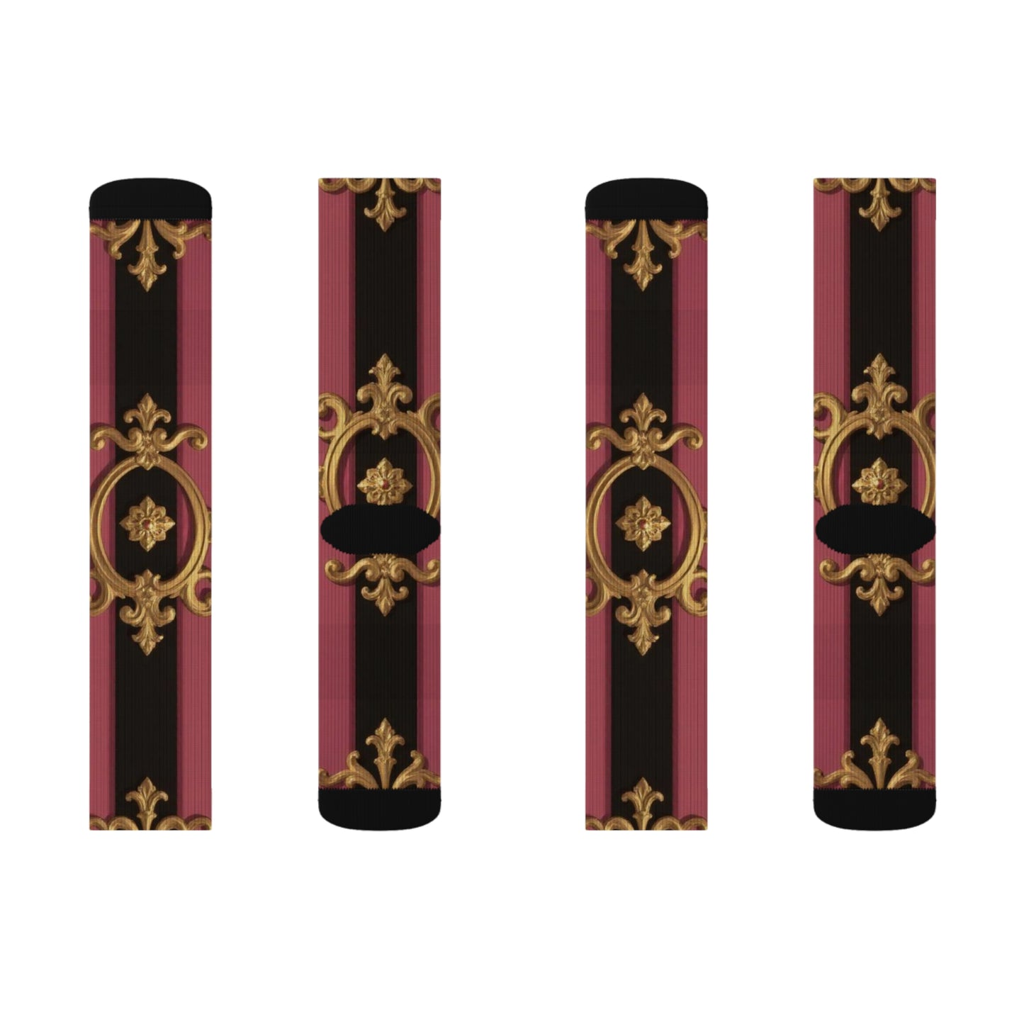 Stylish Sublimation Socks, Black & Mauve Striped Gold Baroque Fashion Socks, Unique Gift Socks, Cozy Home Socks, Trendy Footwear, Comfortable Dress Socks