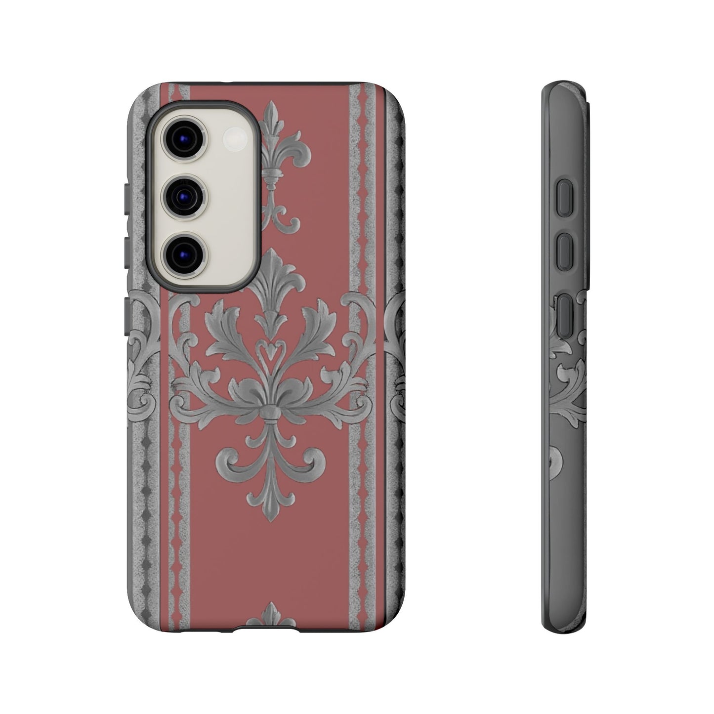 Elegant Floral Phone Case - Tough Cases for Stylish Protection - Gray & Mauve Striped Baroque