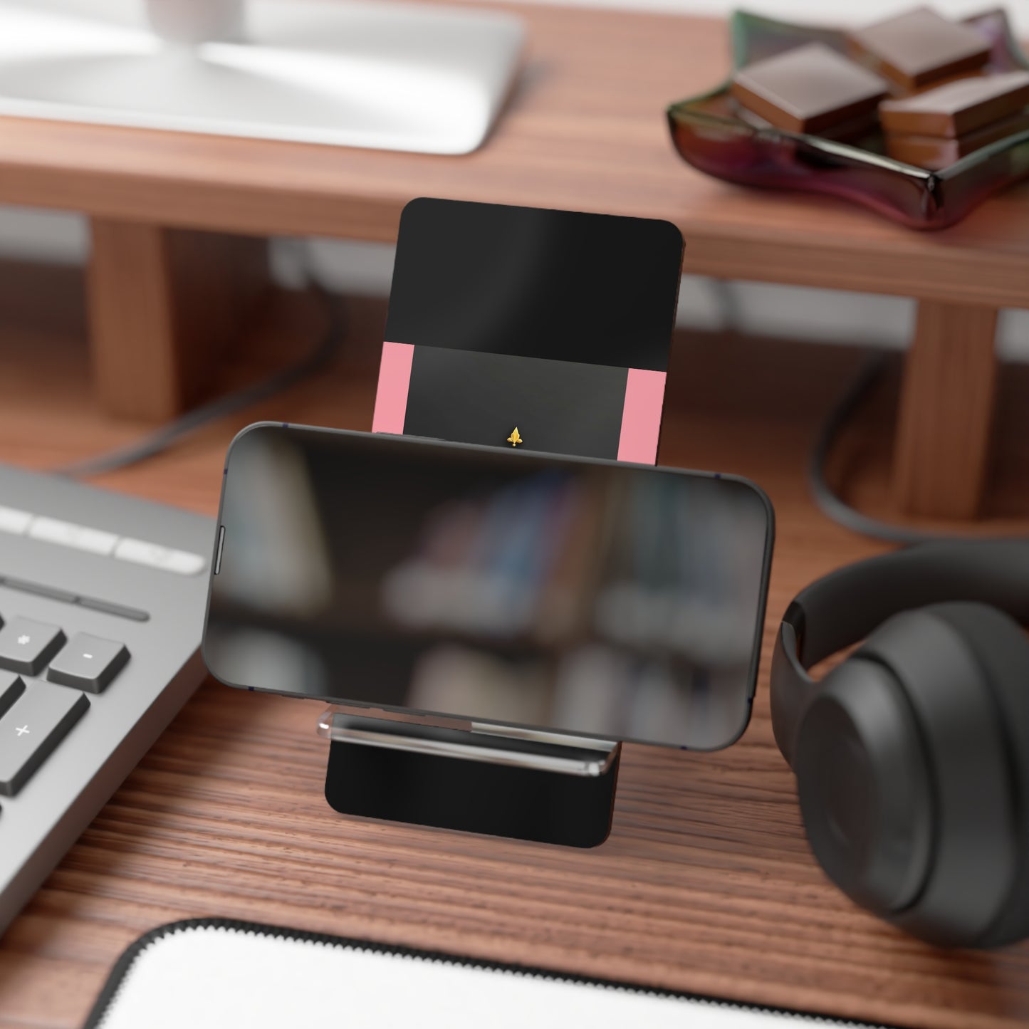 Elegant Mobile Display Stand for Smartphones, Stylish Phone Holder, Gifts for Tech Lovers - Pink Striped Gold Crest