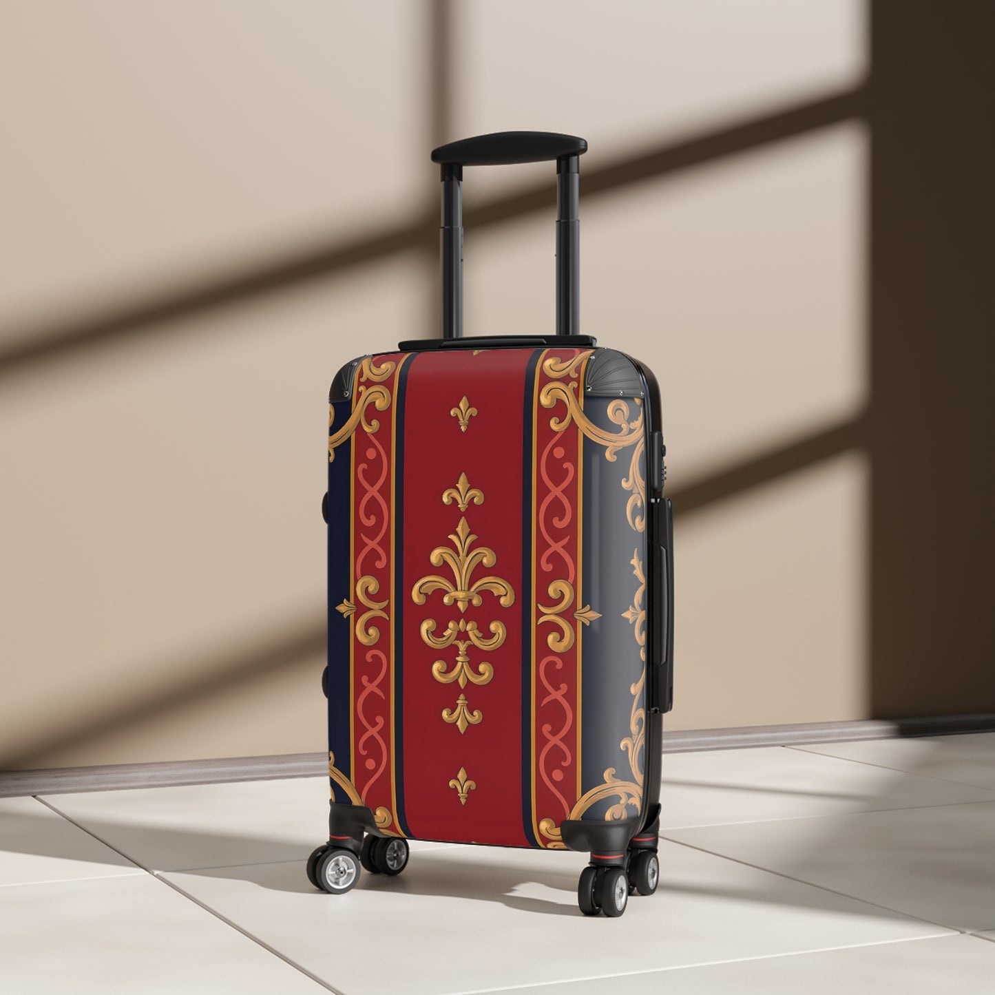 Elegant Travel Suitcase - Stylish Luggage for Jetsetters, Vacationers, Business Travel, Holidays, Gift Idea - Midnight Blue & Dusk Red Gold Baroque