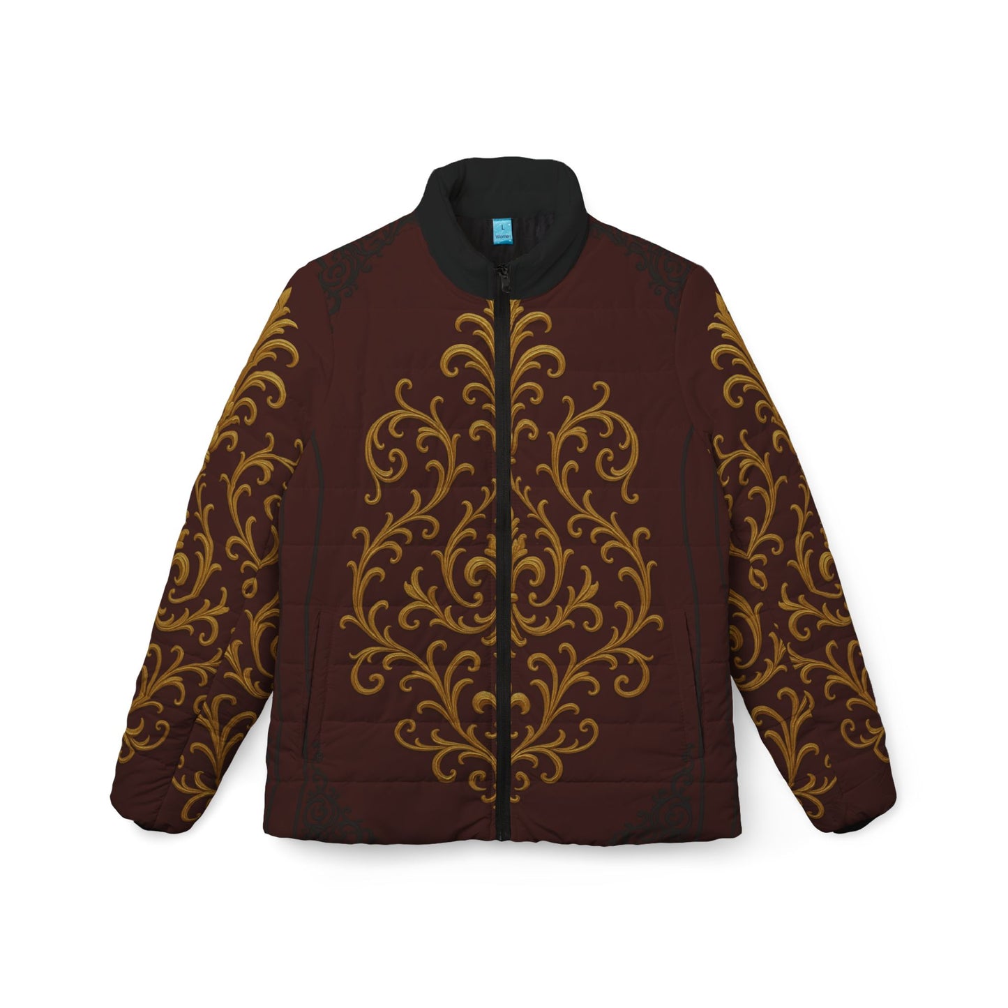 Dusk Burgundy-Black & Gold Baroque Women's Puffer Jacket – Elegant Gold Baroque Print