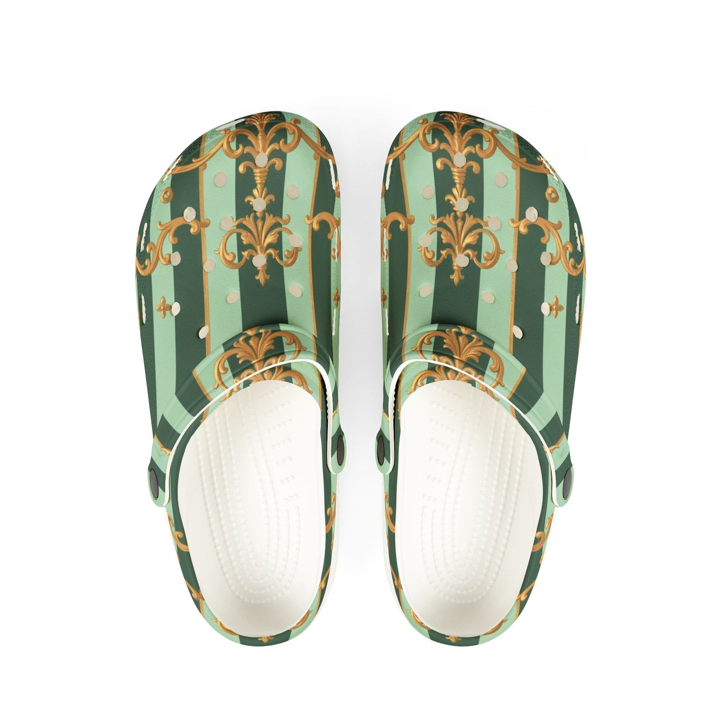 Elegant AOP EVA Foam Clogs - Stylish Garden-Inspired Footwear for Comfort & Trend, Unique Slip-Ons - Mint Green & Teal Striped Gold Baroque