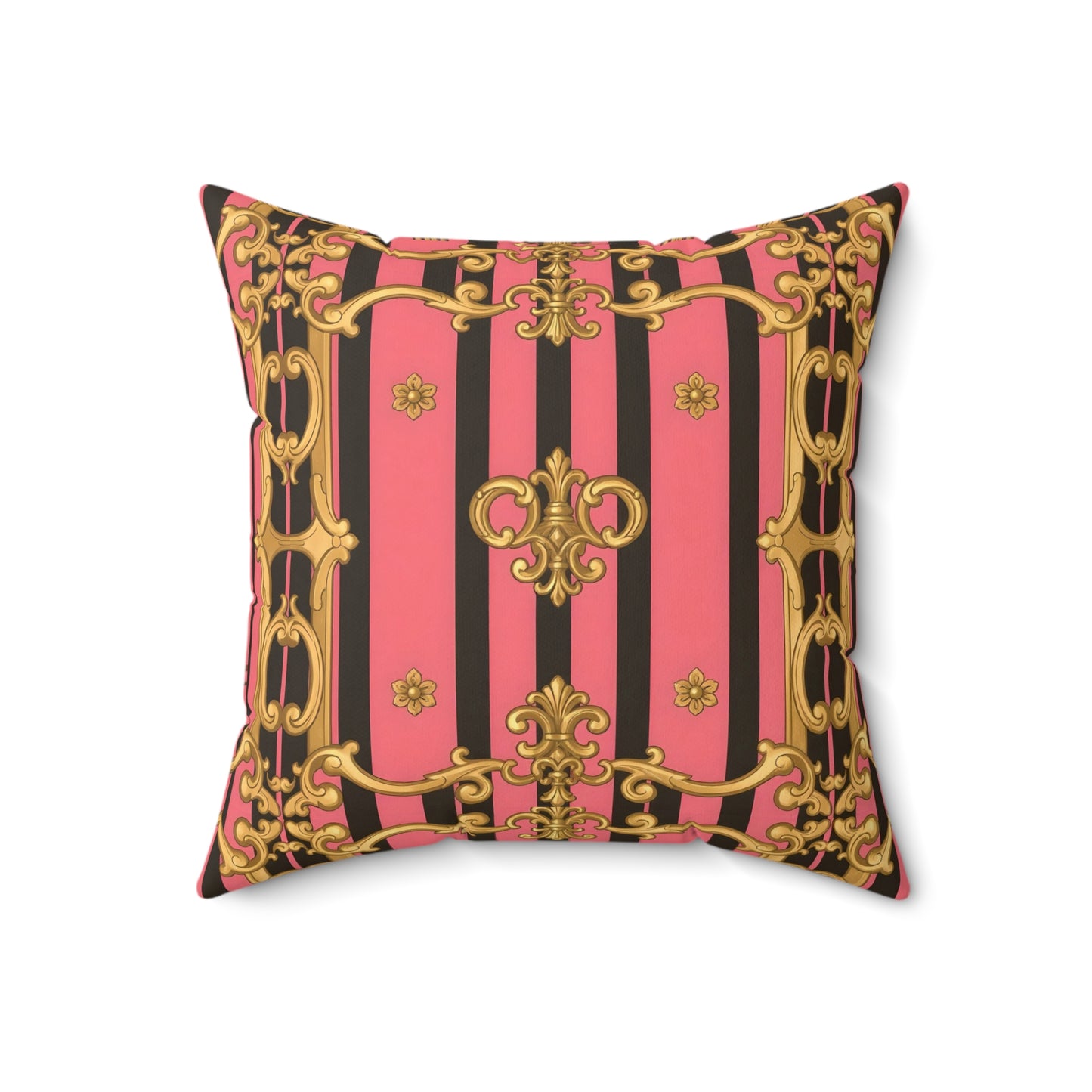 Ornate Faux Suede Pillow, Baroque Decor, Couch Cushion, Glamorous Throw Pillow - Pink & Black Striped Gold Baroque