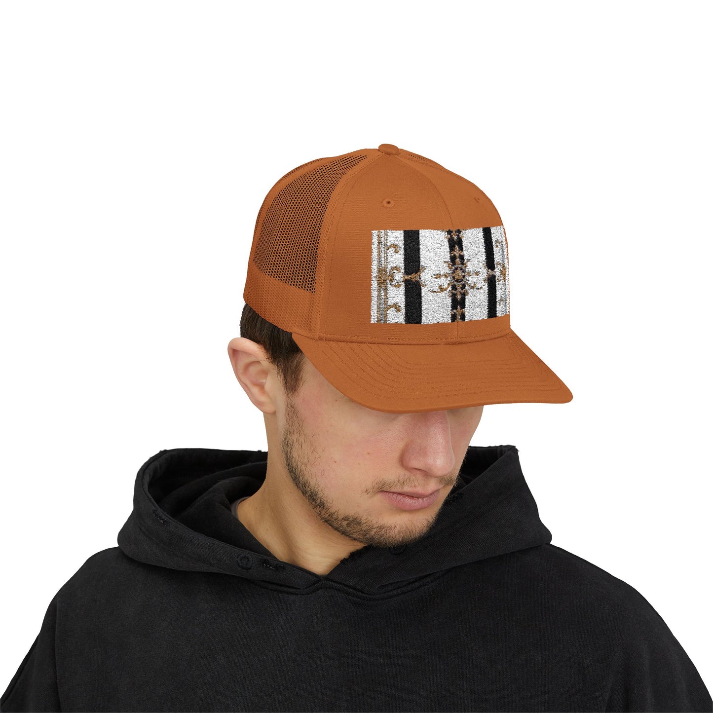 Trendy Snapback Trucker Cap, Casual Fashion Hat, Summer Accessory, Gift Idea for Cool Teens, Outdoor Activities - Black & White Striped Gold Baroque