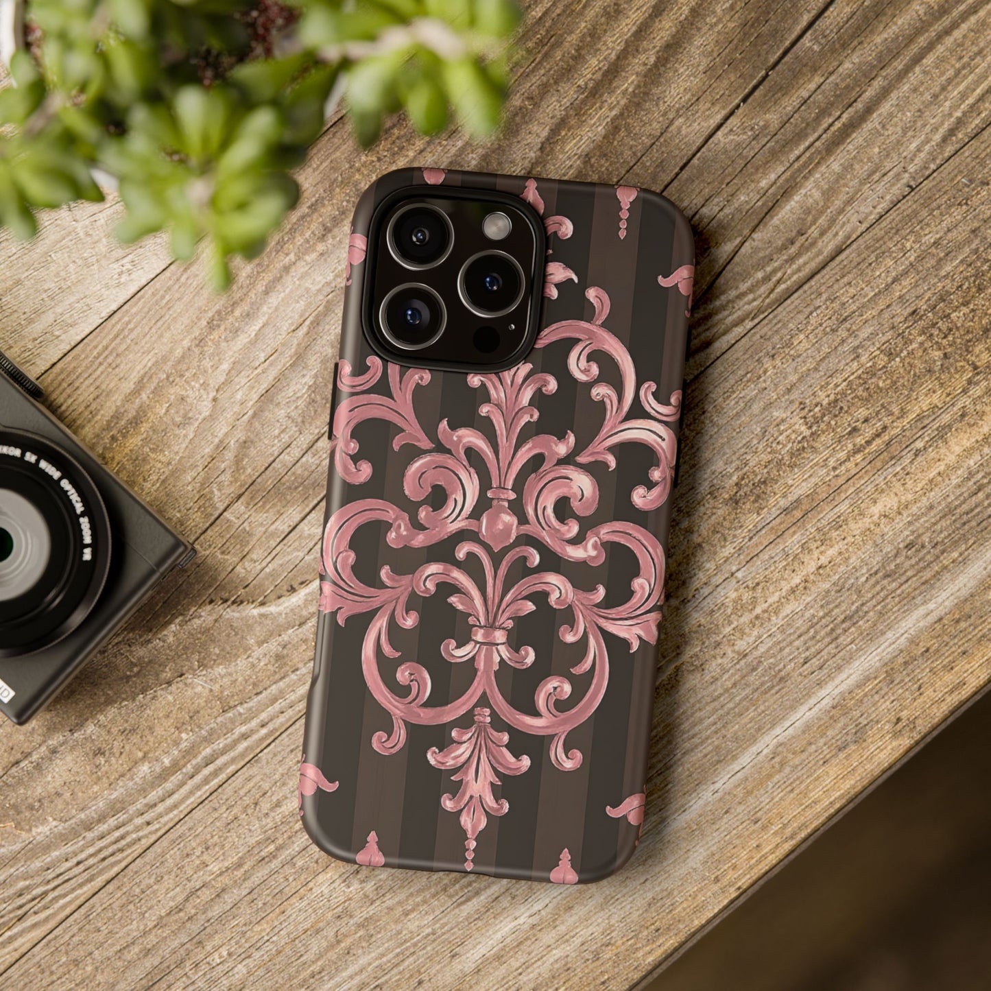 Elegant Floral Motif Phone Case - Tough Cases with Vintage Design - Brown Striped Mauve Damask