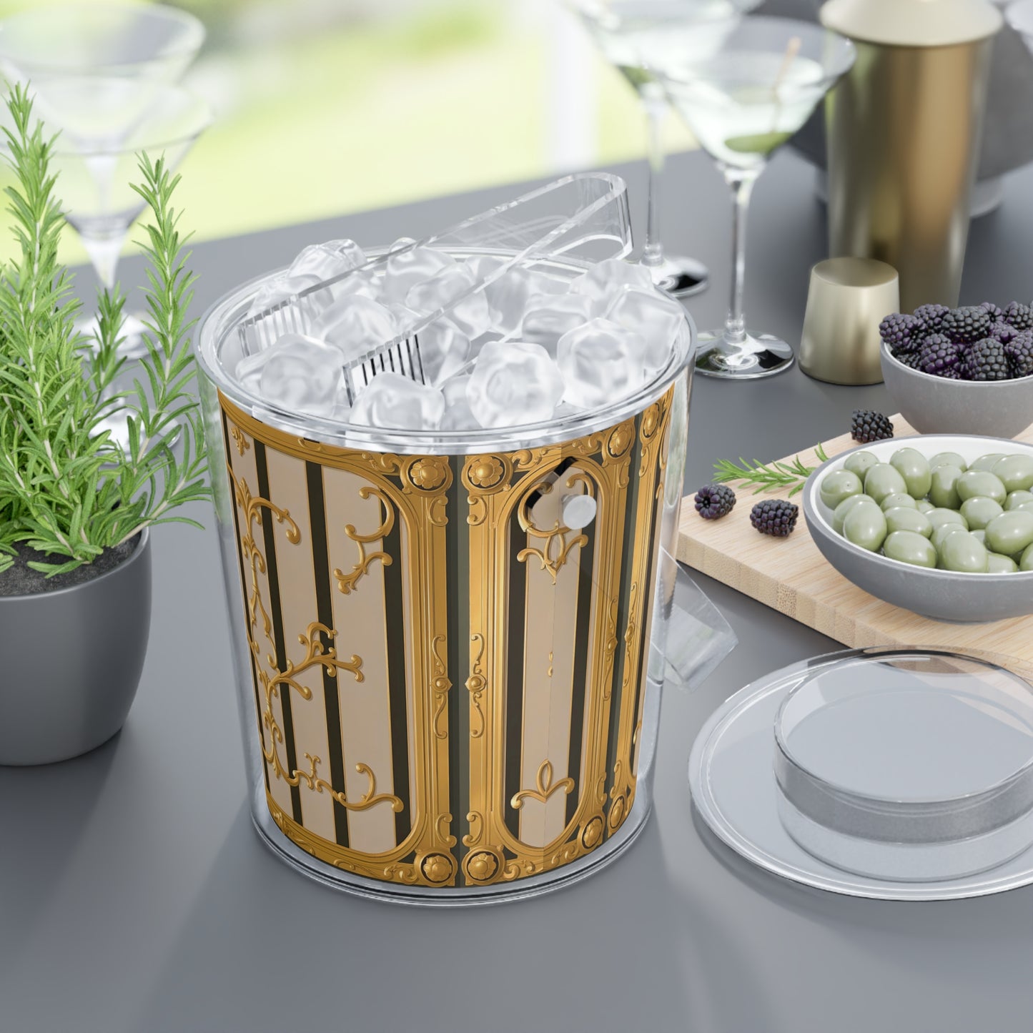 Elegant Decorative Ice Bucket with Tongs, Perfect for Parties, Weddings, Barbecues, Gift for Beverage Lovers - Beige Striped Gold Rococo