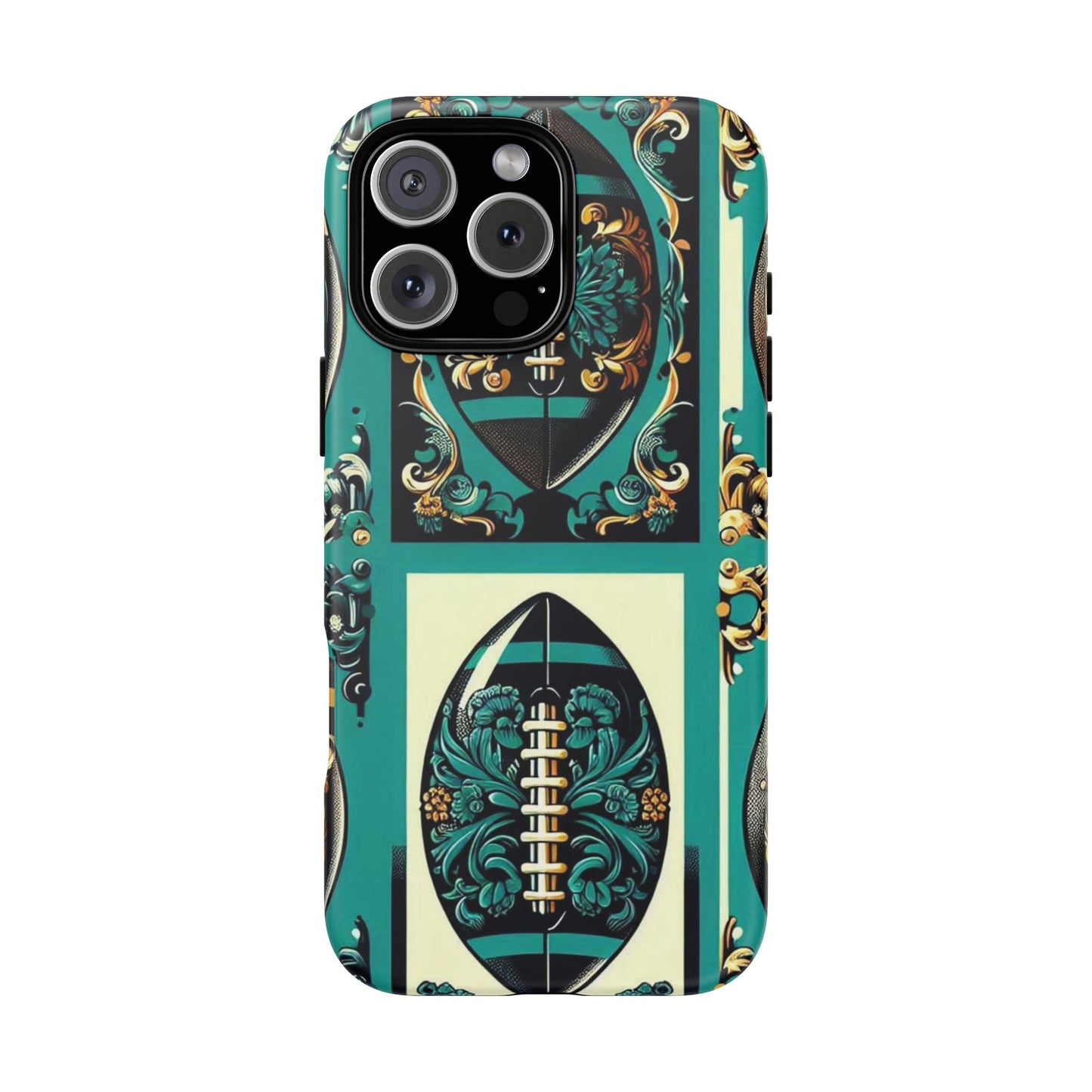 Elegant Floral Motif Phone Case - Tough Cases with Vintage Design -  Damask Teal, Gold & Black Footballs