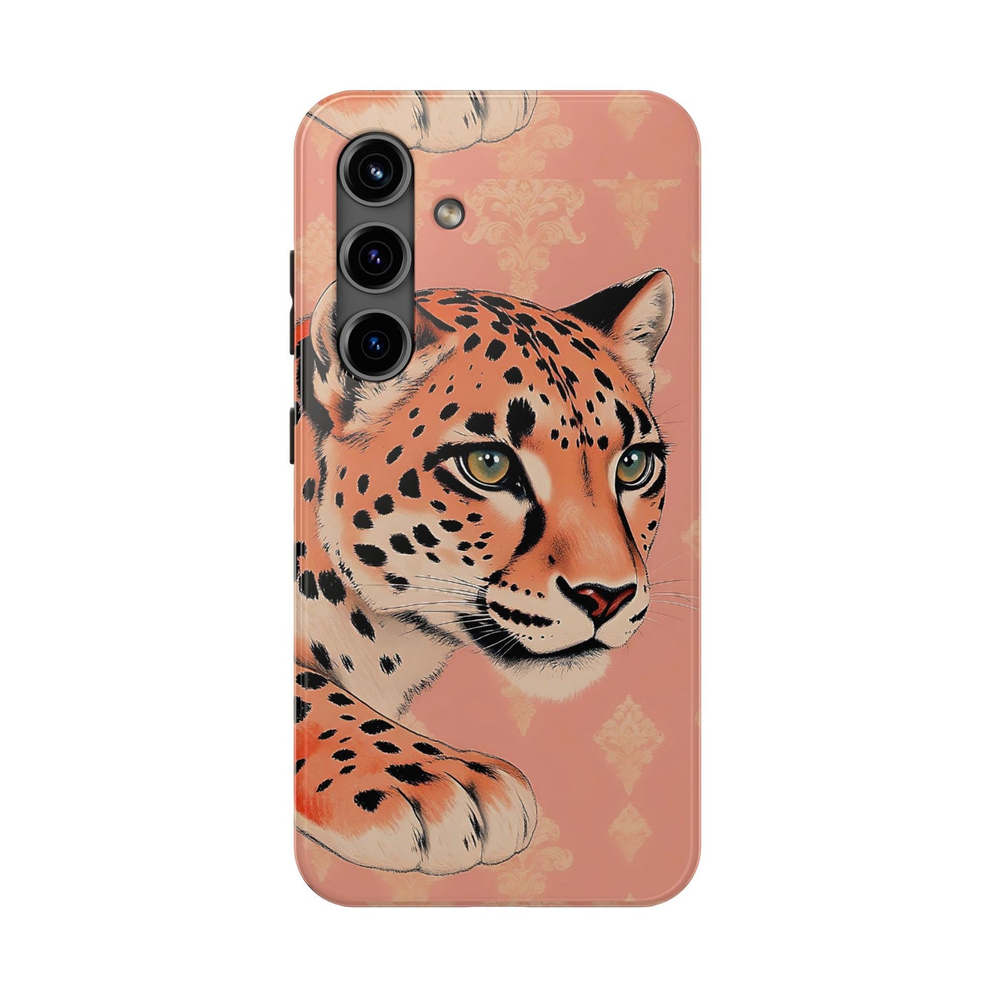 Leopard Tough Phone Case - Trendy Floral Motif Design for Animal Lovers - Peach Leopard & Damask