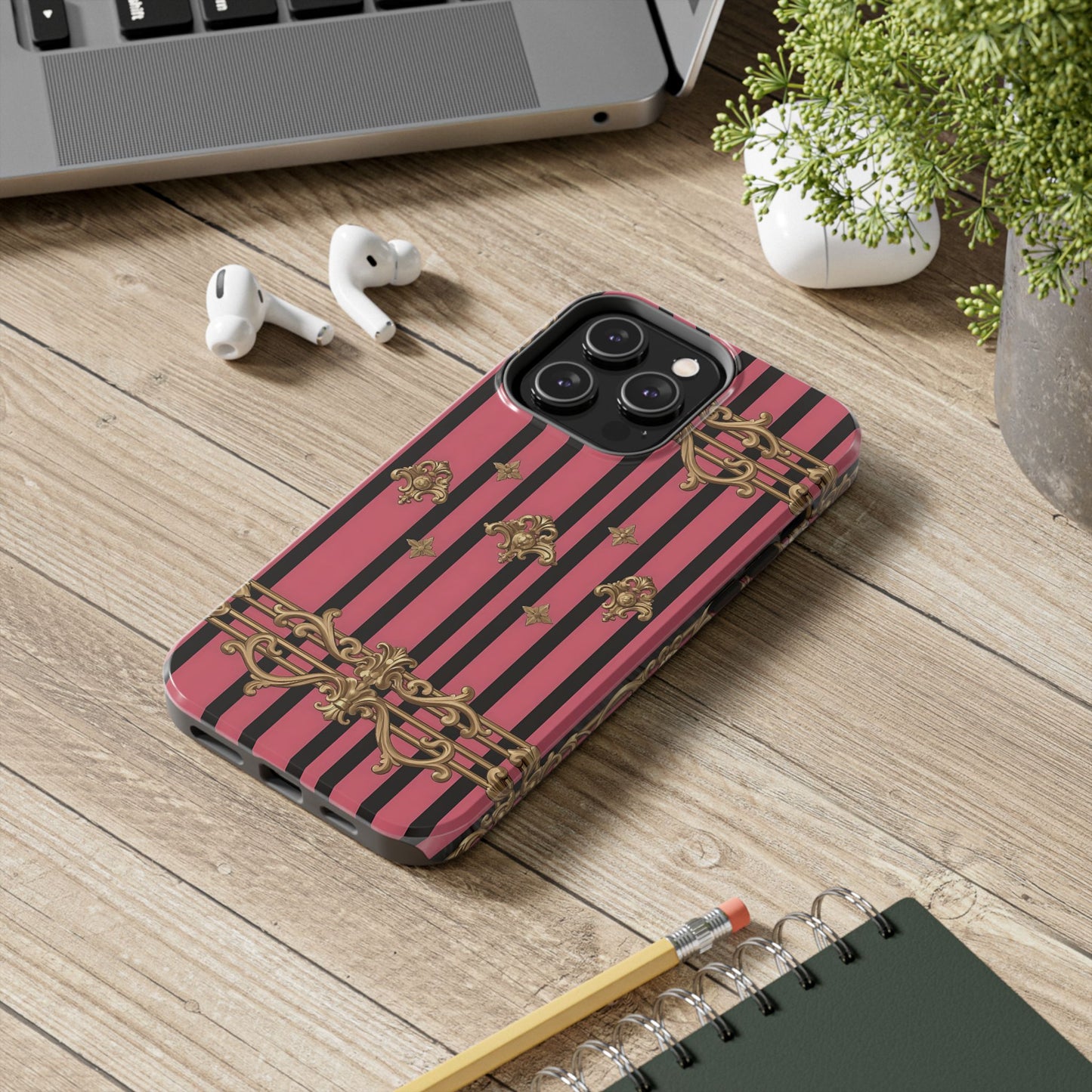 Elegant Floral Phone Cases, Stylish Protective Case for Trendy Individuals, Unique Gift for Tech Lovers, Phone Accessories - Pink Striped Gold Rococo
