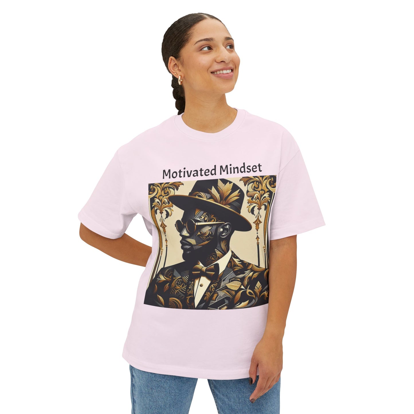 Motivated Mindset Boxy Tee | Unisex Oversized T-Shirt, Gift for Dreamers, Casual Wear, Inspirational Fashion - Black Letters