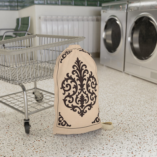 Almond-Beige & Brown Baroque Laundry Bag — Cotton Hamper Tote with Drawstring