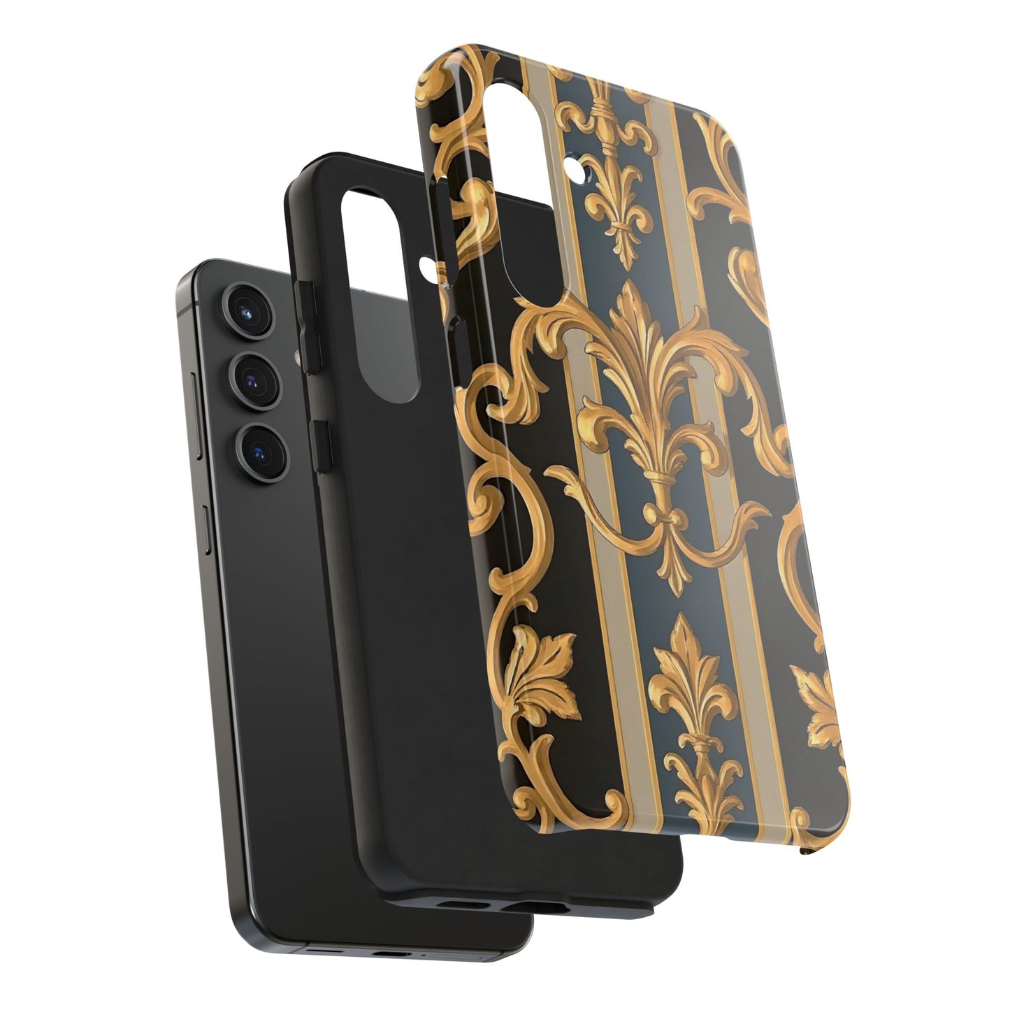 Elegant Rococo Phone Cases, Tough iPhone Case, Floral Design Case, Luxury Phone Cover - Blue & Black Striped Rococo