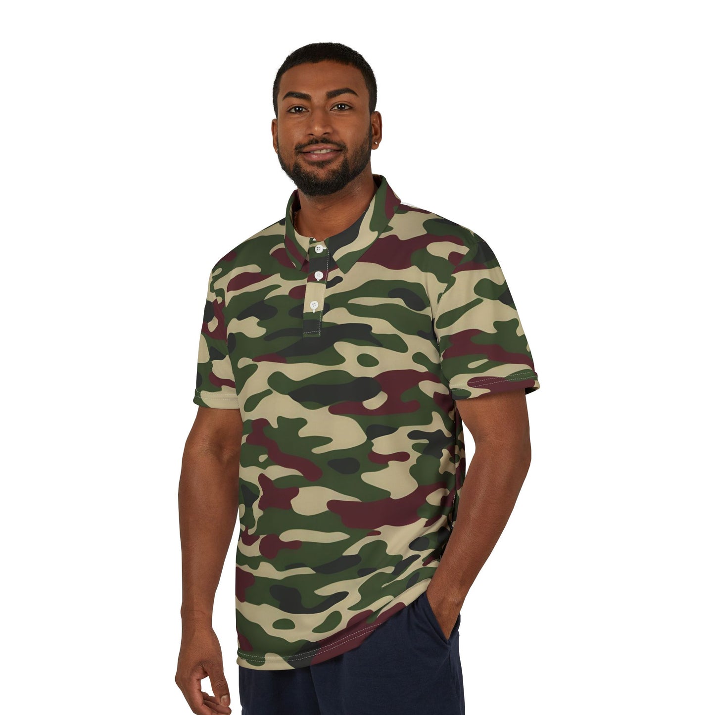 Stylish Camouflage Unisex Polo Shirt, Casual Wear, Outdoor Apparel, Military-Inspired Fashion, Gift for Him or Her - Army Green & Burgundy Camo