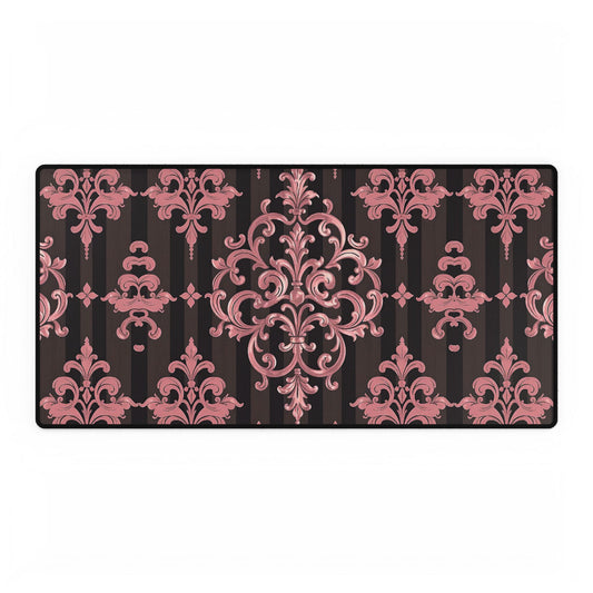 Elegant Floral Motif Desk Mat for Home Office Decor - Brown Striped Mauve Damask