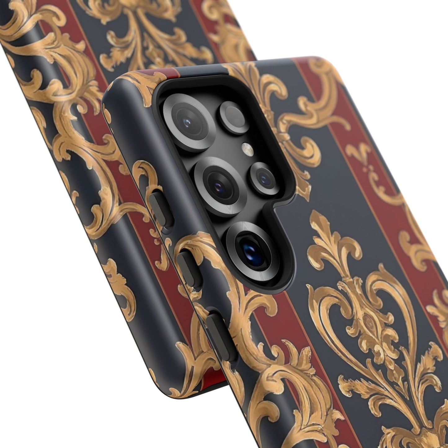 Elegant Floral Motif Phone Case - Tough Cases with Vintage Design - Midnight Blue & Dusk Red Striped Gold Damask