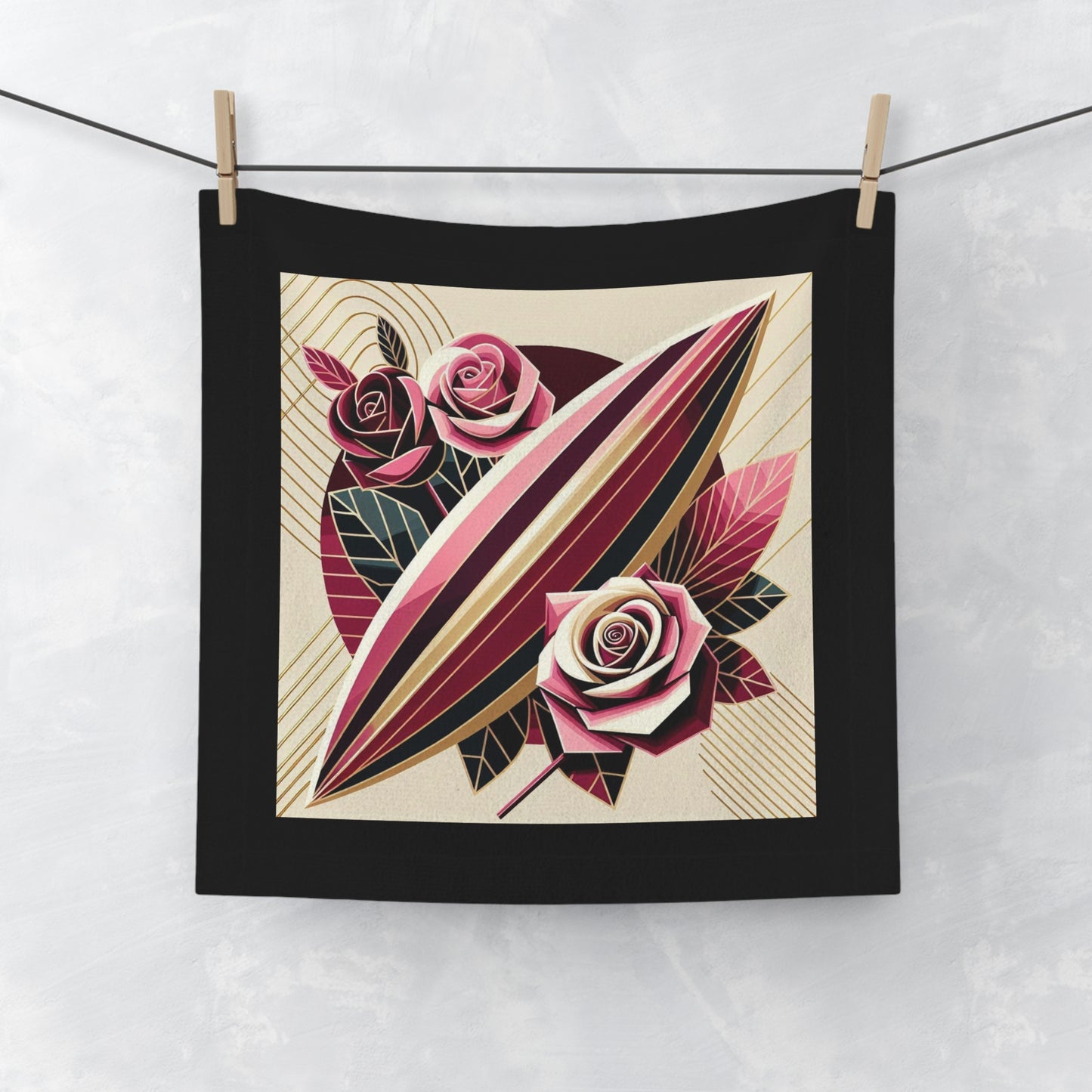 Floral Surf-Inspired Face Towel - Beach Ready Softness - Pink & Burgundy Striped Surfboard & Roses Design