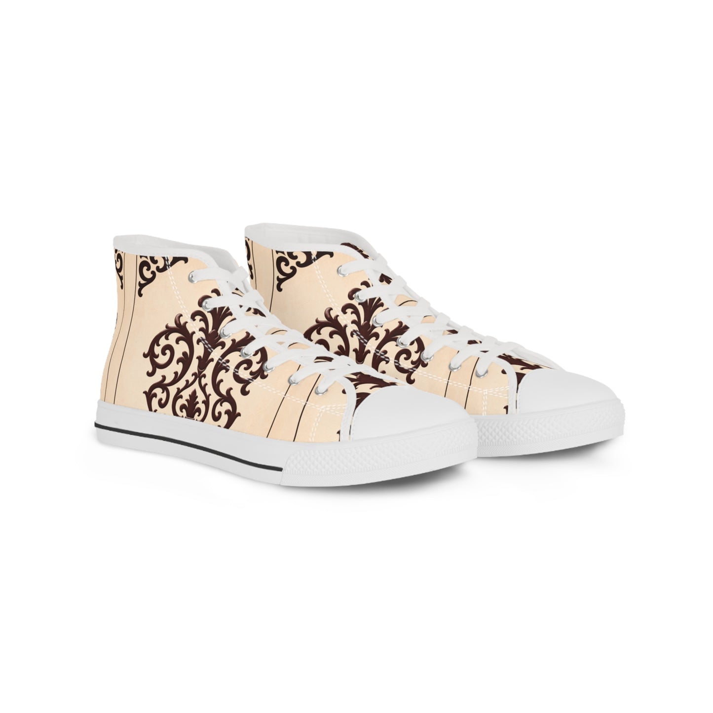 Almond-Beige & Brown Baroque Scroll High-Top Sneakers — Beige Ornate Men's Canvas Shoes