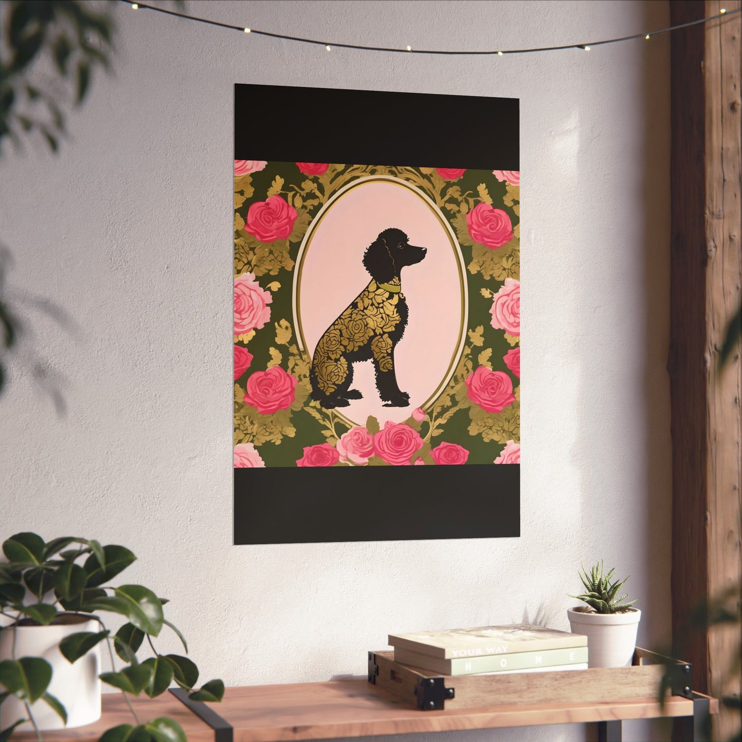 Vertical Poster - Elegant Matte Floral Art Wall Decor - Damask Black & Gold Poodle in Olive & Pink Roses