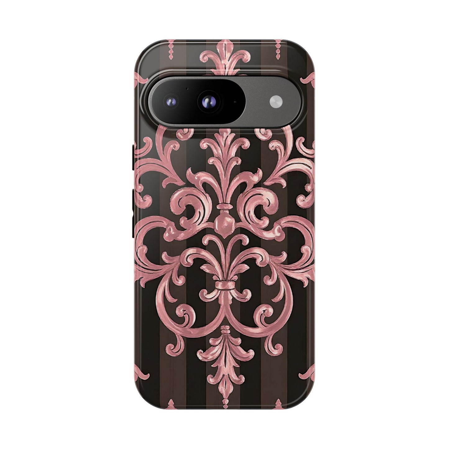 Elegant Floral Motif Phone Case - Tough Cases with Vintage Design - Brown Striped Mauve Damask