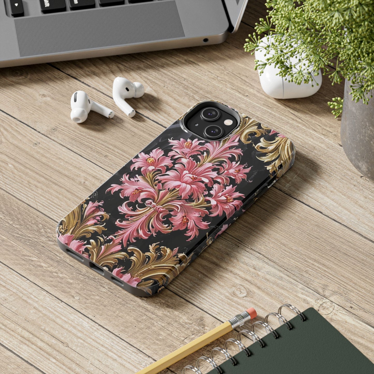 Elegant Floral Tough Phone Cases | Stylish Protection for Her | Gift for Birthdays - Black & Pink Oil Painting Style Rococo