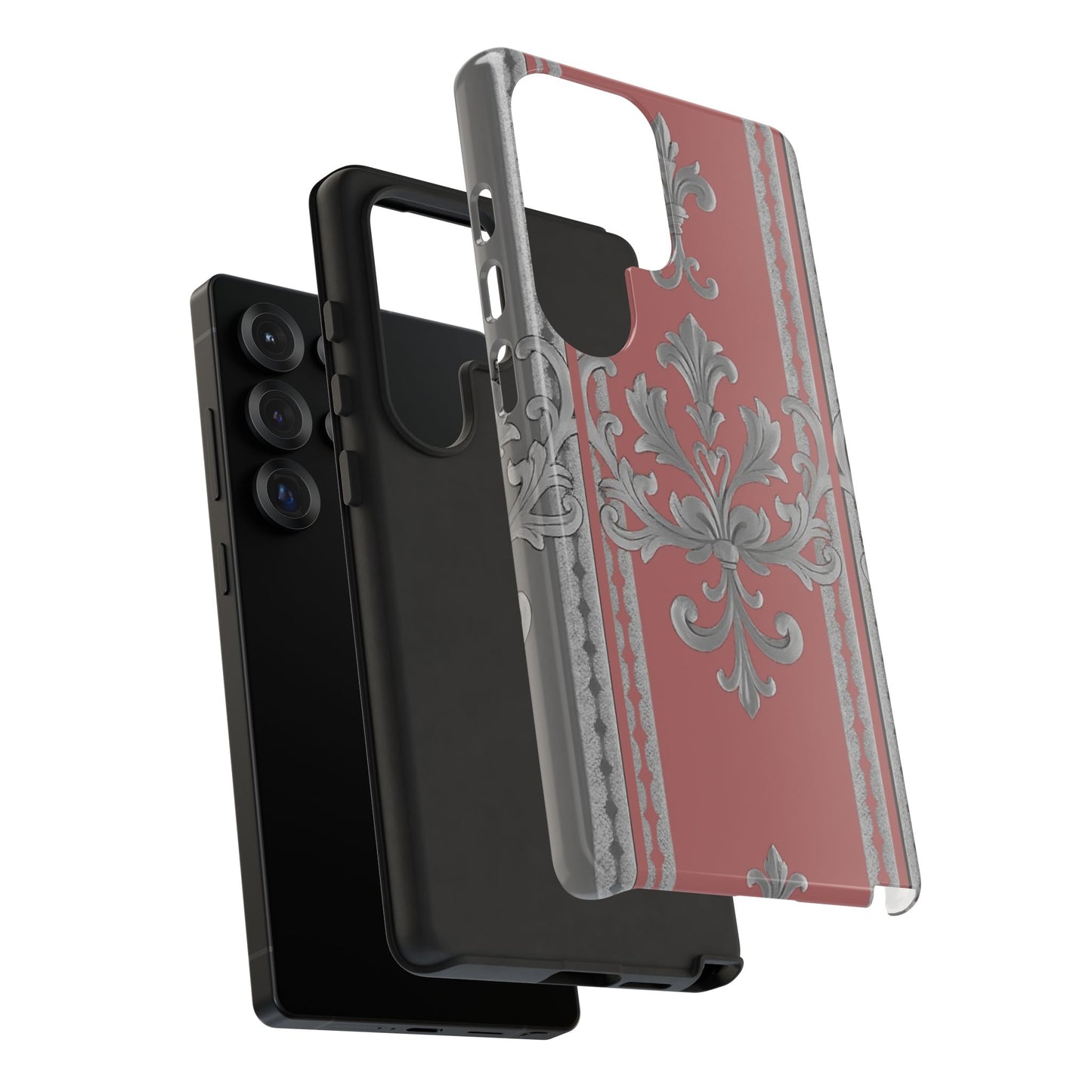 Elegant Floral Phone Case - Tough Cases for Stylish Protection - Gray & Mauve Striped Baroque