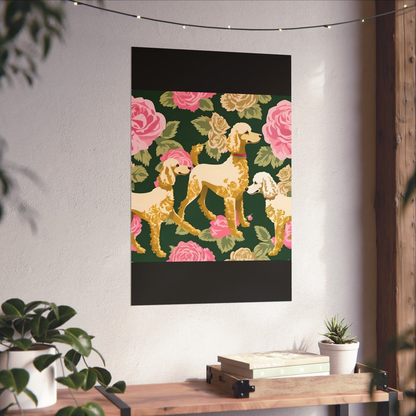 Vertical Poster - Elegant Matte Floral Art Wall Decor - Damask Poodles In Dark Green & Pink Roses