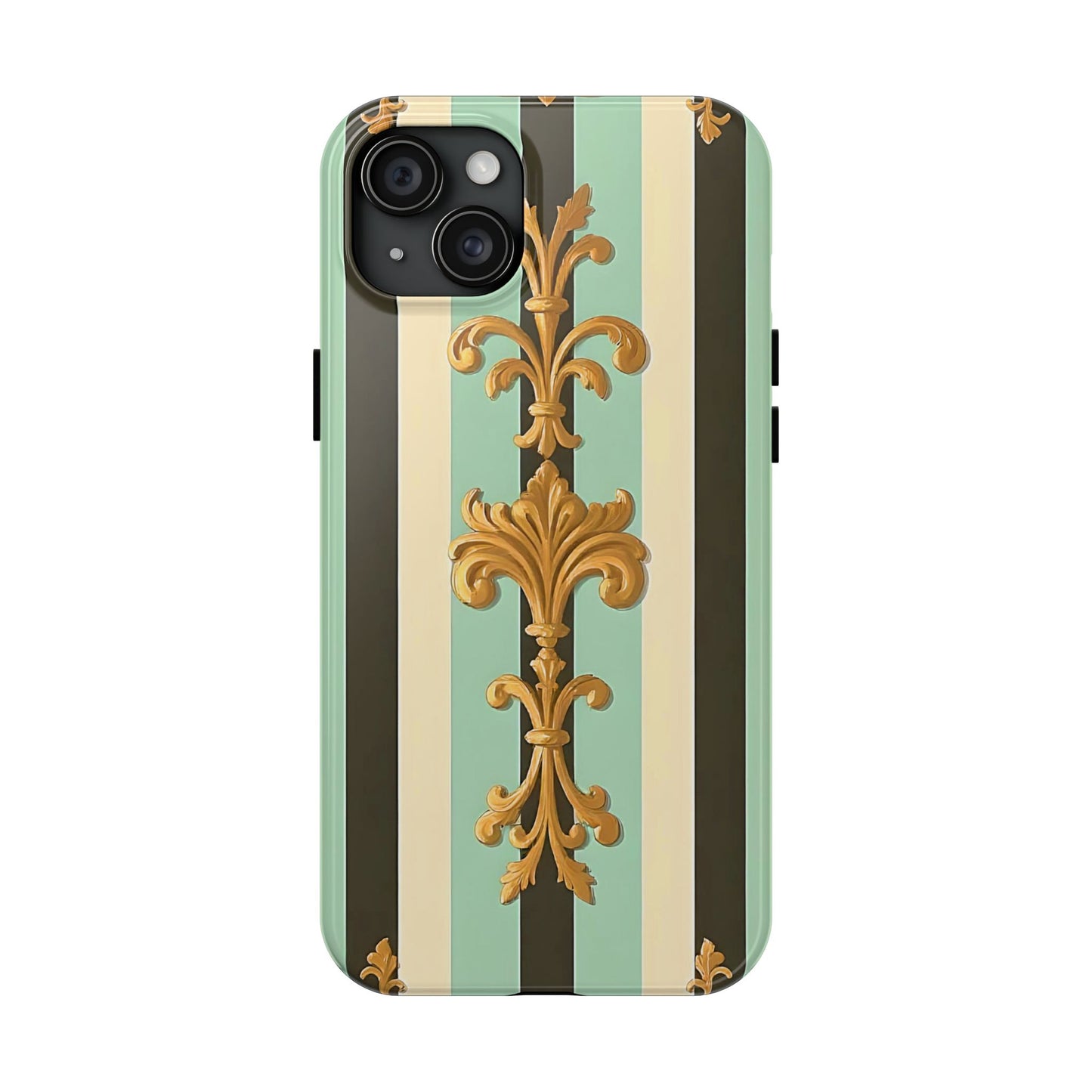Elegant Floral Tough Phone Cases - Stylish Protection for All Occasions, Gifts for Her, Phone Covers - Black & Matte Mint Striped Rococo