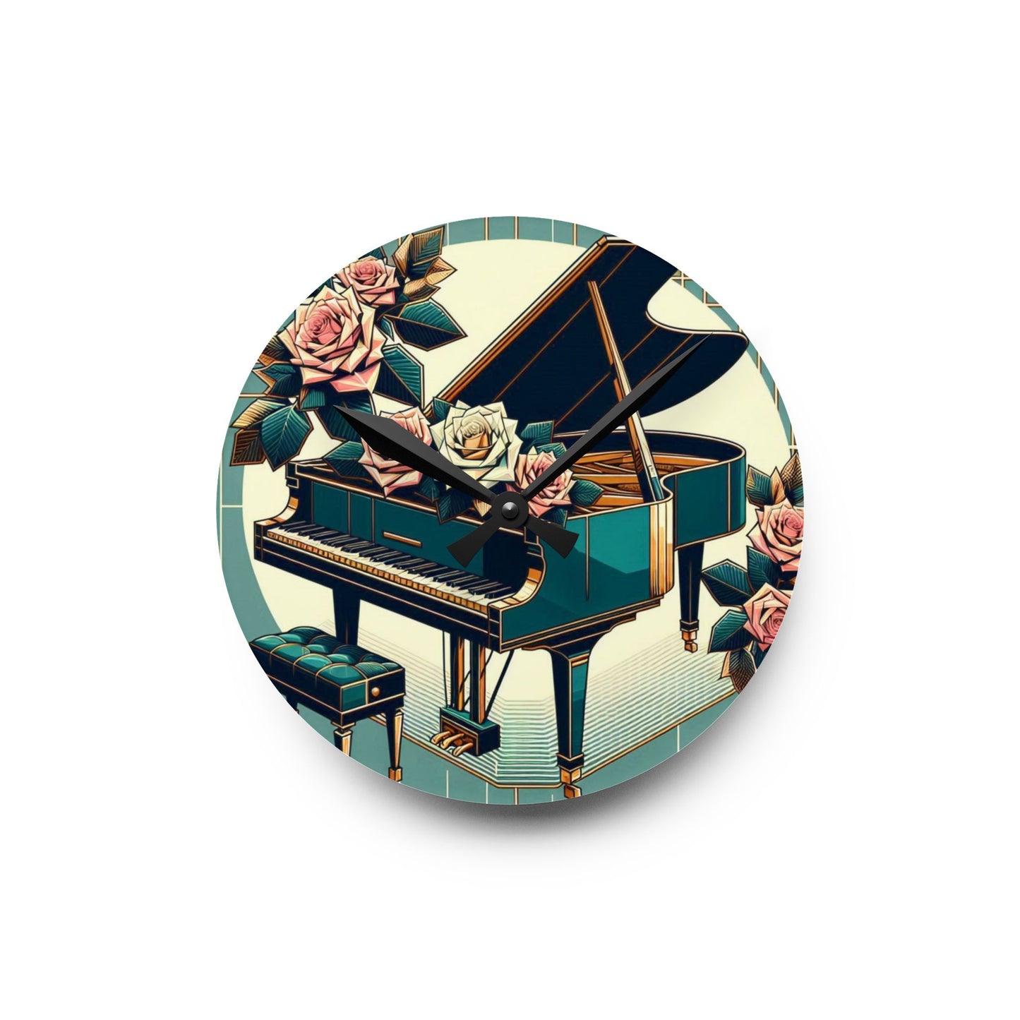 Elegant Piano & Roses Acrylic Wall Clock - Timeless Decor for Music Lovers