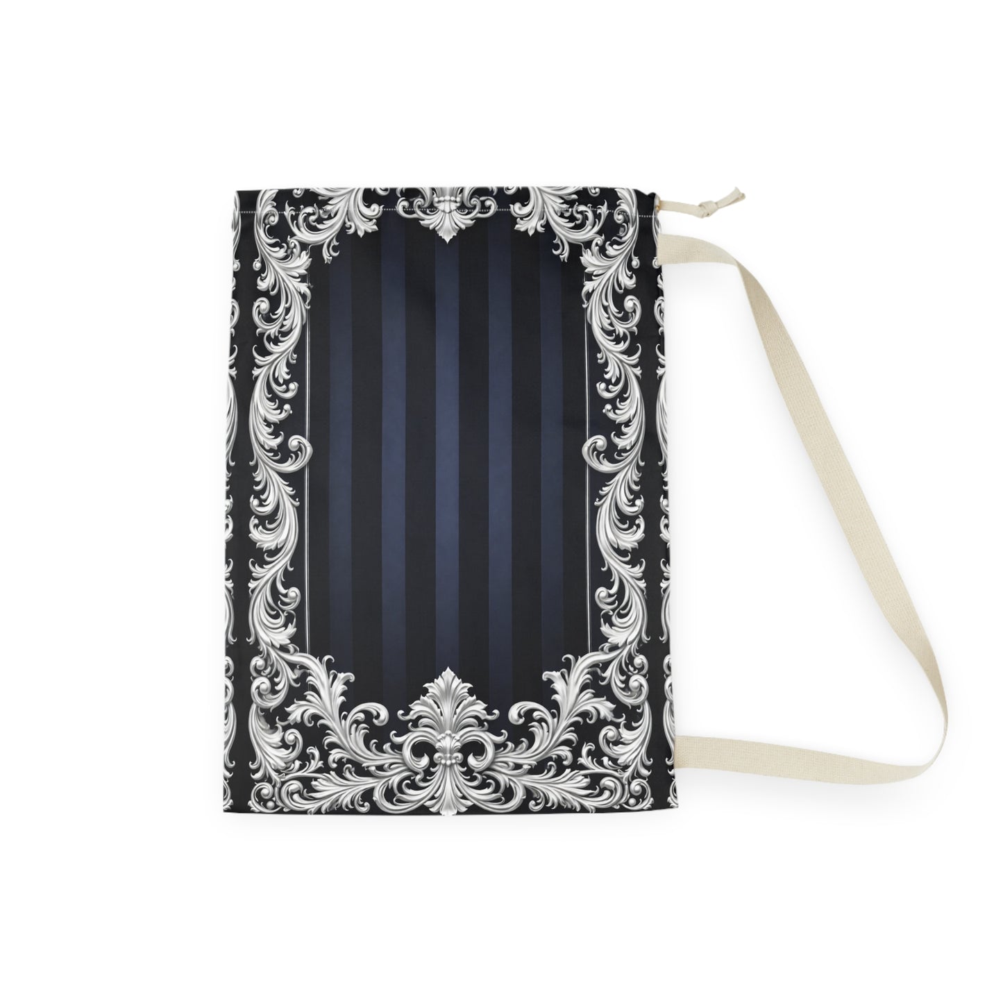 Navy Stripes & Baroque Laundry Bag — Elegant Navy Drawstring Hampers for Travel and Dorm