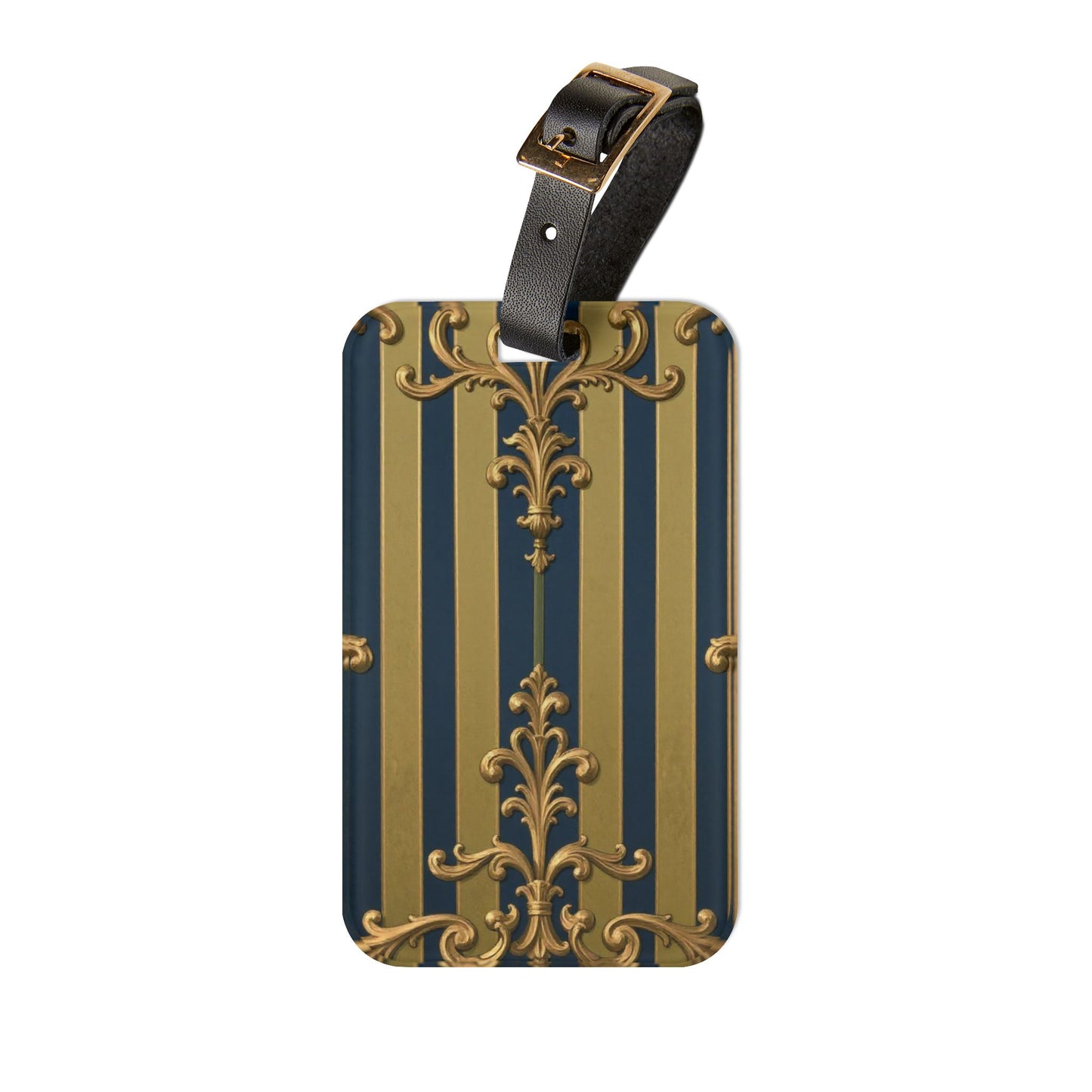 Midnight Blue & Olive Striped Gold Baroque Vintage-Inspired Luggage Tag, Travel Accessory, Suitcase Identifier, Gift for Travelers, Stylish Travel Tag