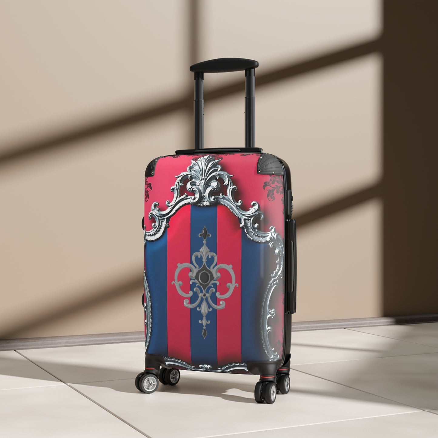Elegant Travel Suitcase, Lightweight Luggage, Stylish Carry-On, Perfect for Vacation, Unique Gift for Travelers - Blue & Red Striped Silver Crest