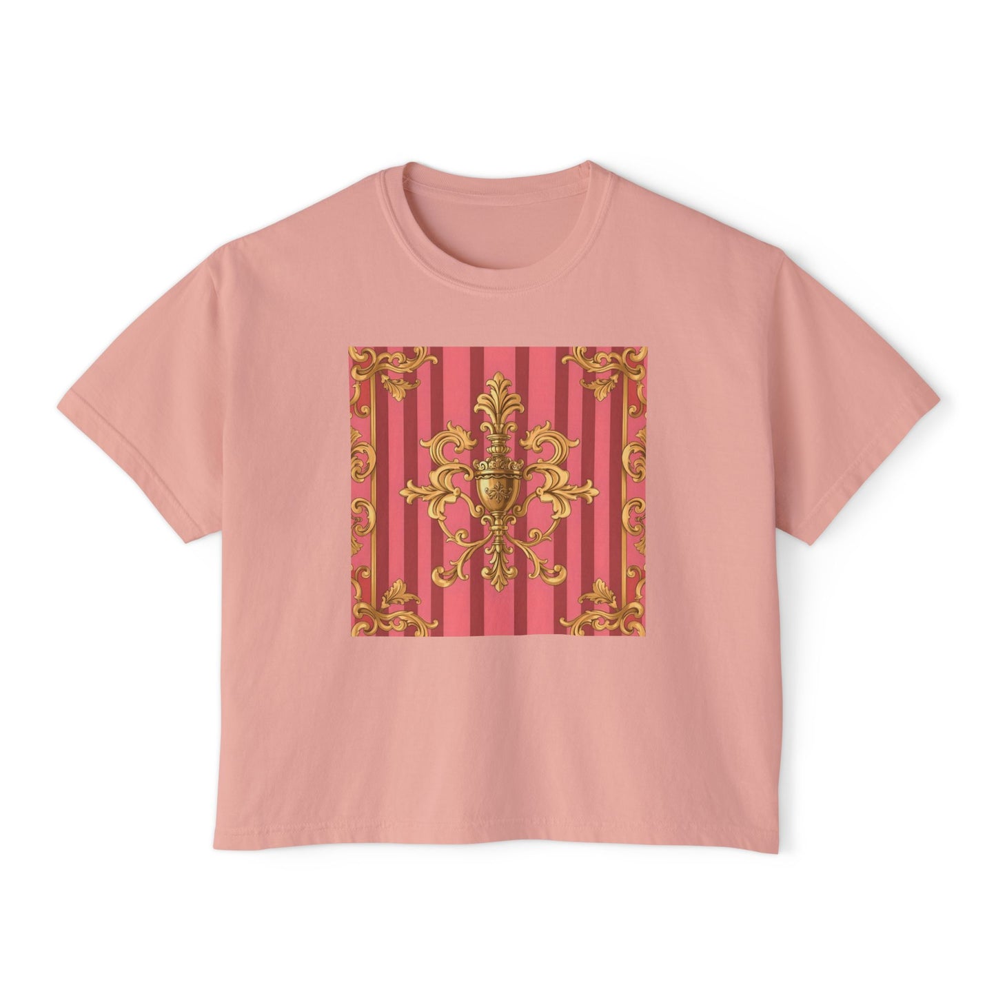 Chic Floral Boxy Tee, Trendy Women's Top, Casual Summer Fashion, Vintage Inspired Tee, Great for Festivals - Pink Striped Gold Baroque