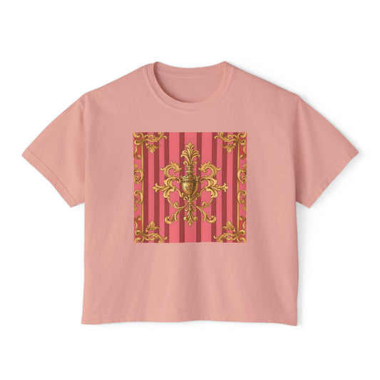 Chic Floral Boxy Tee, Trendy Women's Top, Casual Summer Fashion, Vintage Inspired Tee, Great for Festivals - Pink Striped Gold Baroque